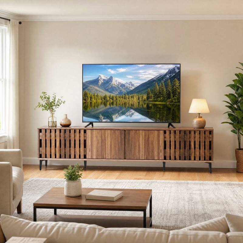 Angle. WELLFOR - Mid Century Modern TV Stand for TVs Up to 80" with 4 Storage Cabinets, Wood Entertainment Center TV Console - Walnut.
