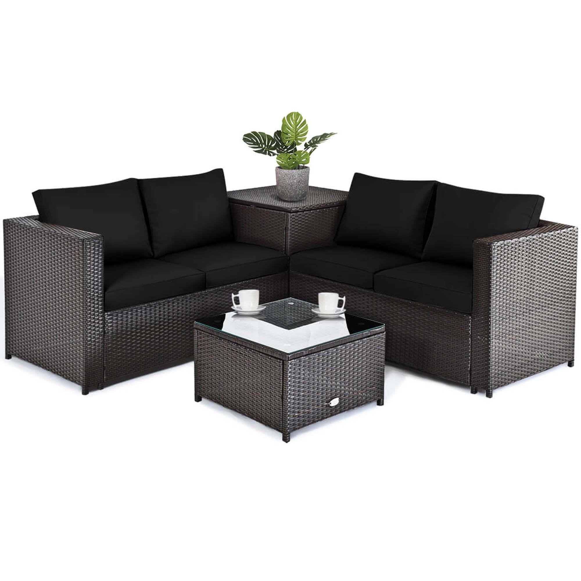 Alt View 10. Costway - 4 PCS Outdoor Patio Rattan Furniture Set Cushioned Loveseat Storage Table - Black.