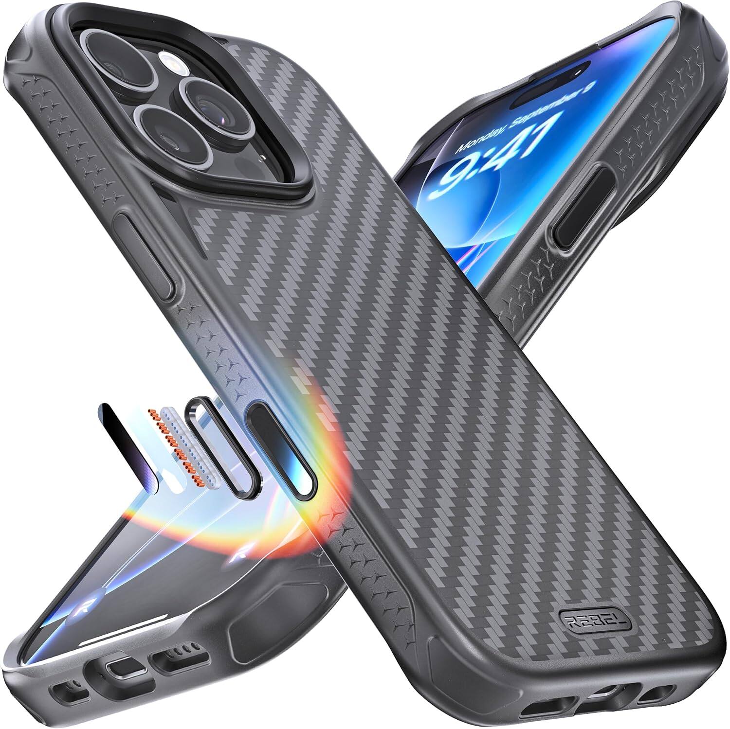 Angle. Rebel - Rebel - Rebel Series GEN6 Case For Apple iPhone 16 Pro - Black/Aramid Fiber - Black.