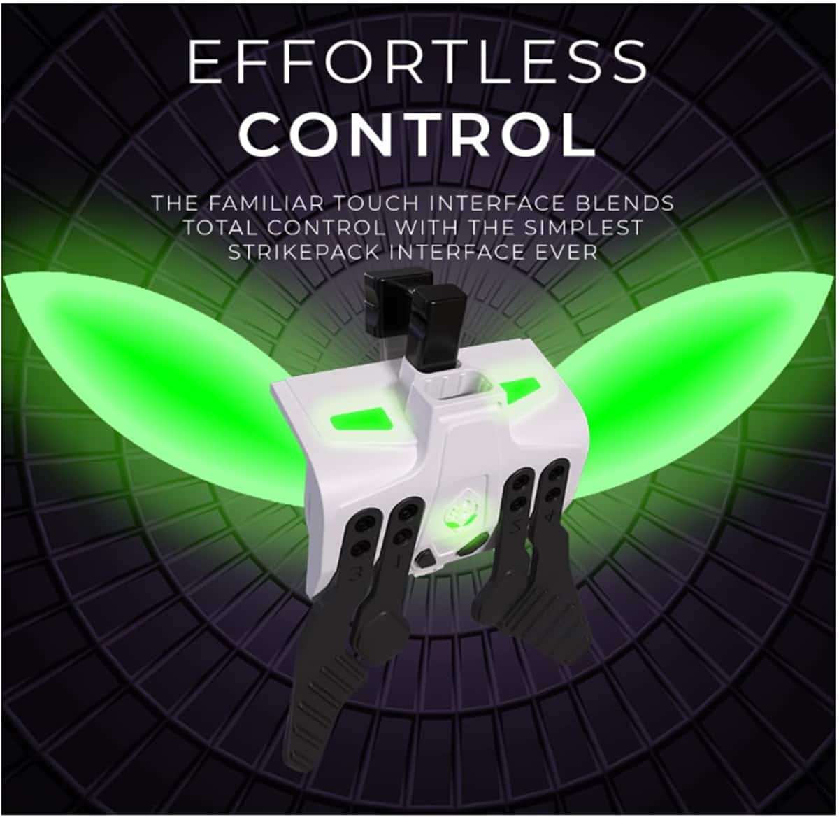 The image features a white and green electronic device, which is described as "Effortless Control." The device is designed to blend familiar touch interface elements with total control, making it the simplest strikepack interface ever.