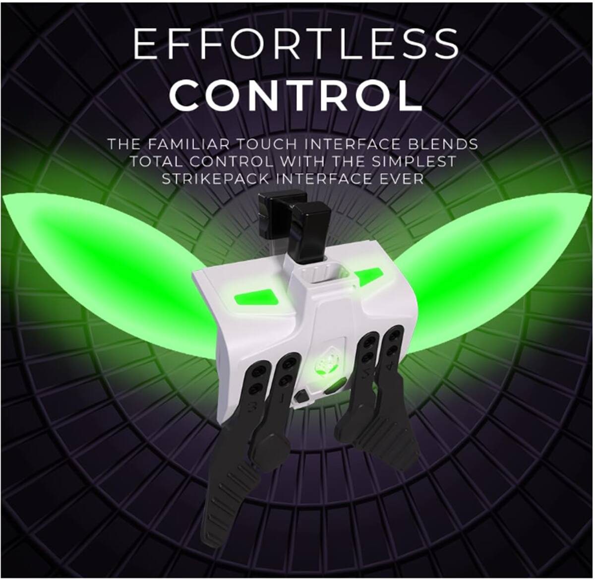 The image features a white and green electronic device, which is described as "Effortless Control." The device is designed to blend familiar touch interface elements with total control, making it the simplest strikepack interface ever.