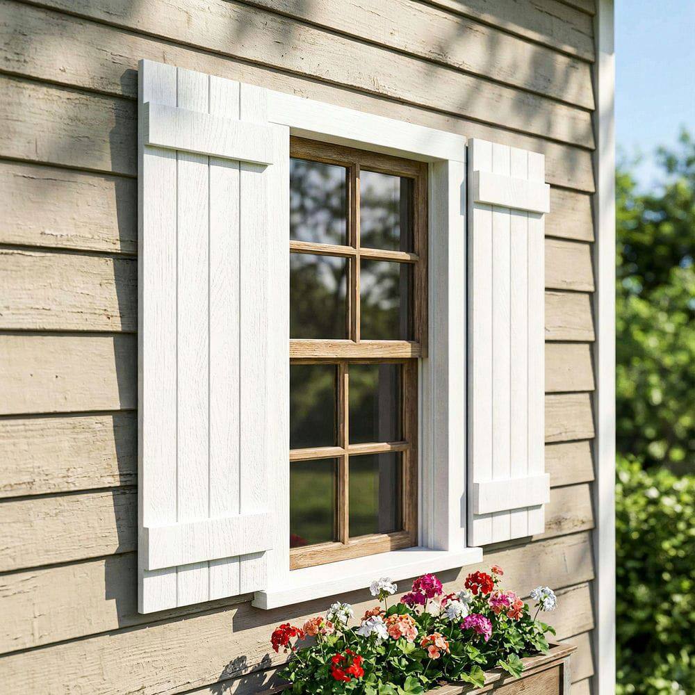 Alt View 6. Kadyn - Classic Board & Batten Faux Shutters with 2 Horizontal Bars for Timeless and Durable Exterior Elegance, 14"x43", White - White.