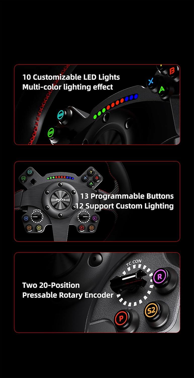 10 Customizable LED Lights  
Multi-color lighting effect

13 Programmable Buttons  
12 Support Custom Lighting

Two 20-Position Pressable Rotary Encoder