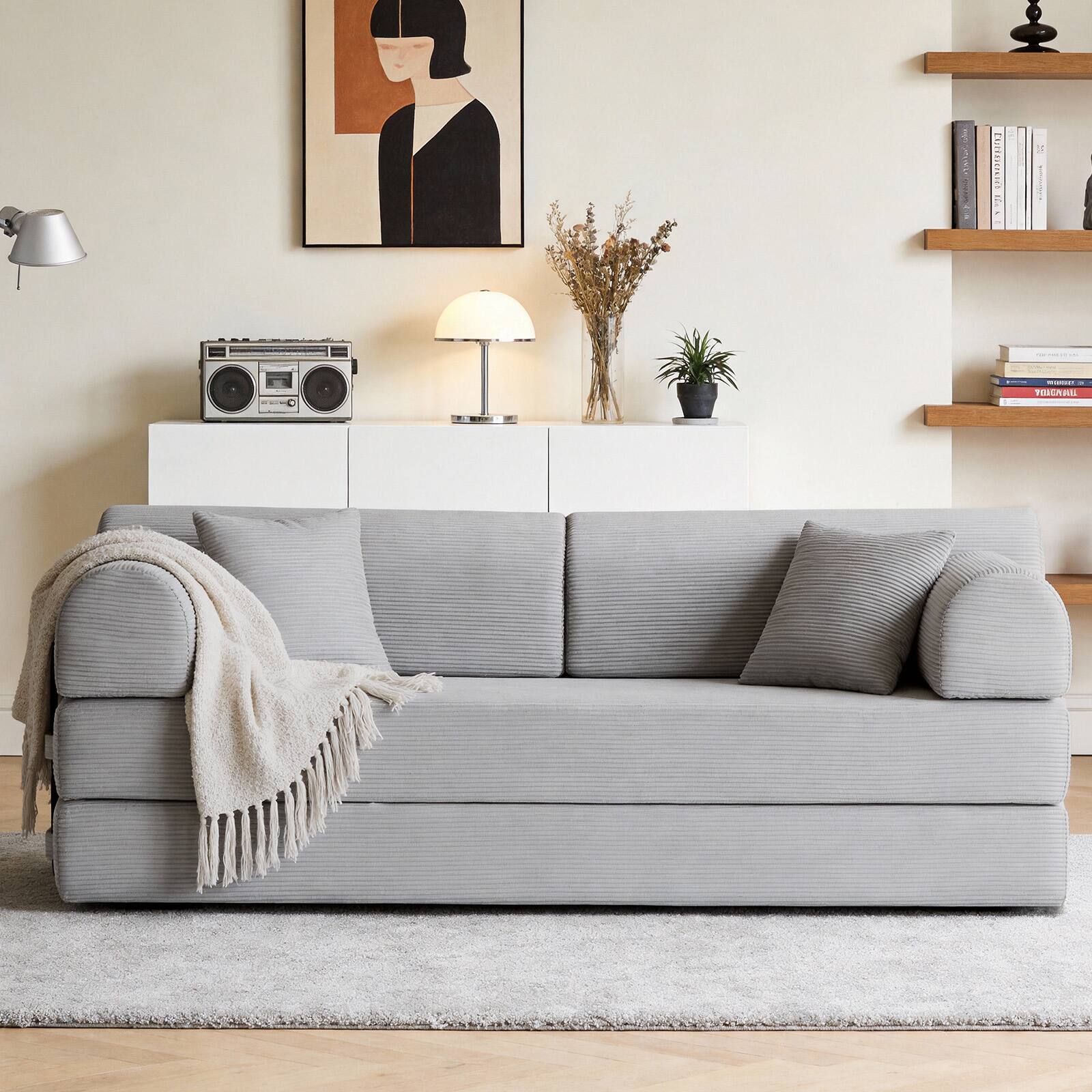 Angle. Anysun - Corduroy Convertible Sleeper Sofa Bed - Folding Mattress Couch with Fixed Frame for Living Room & Bedroom - Light Grey.