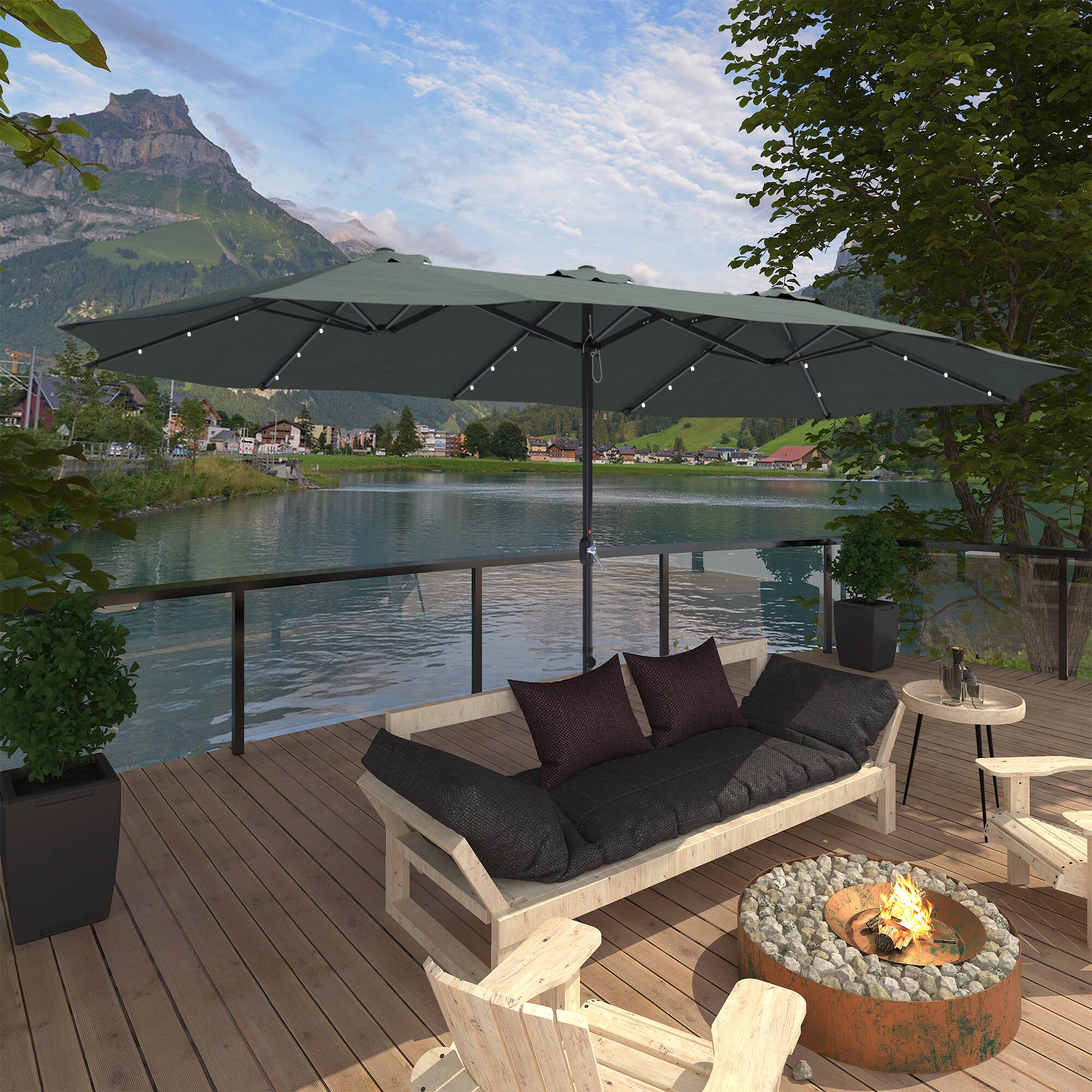 Alt View 3. Boyel Living - 15ft Solar LED Double Sided Patio Umbrella with Base Crank and Rocker.