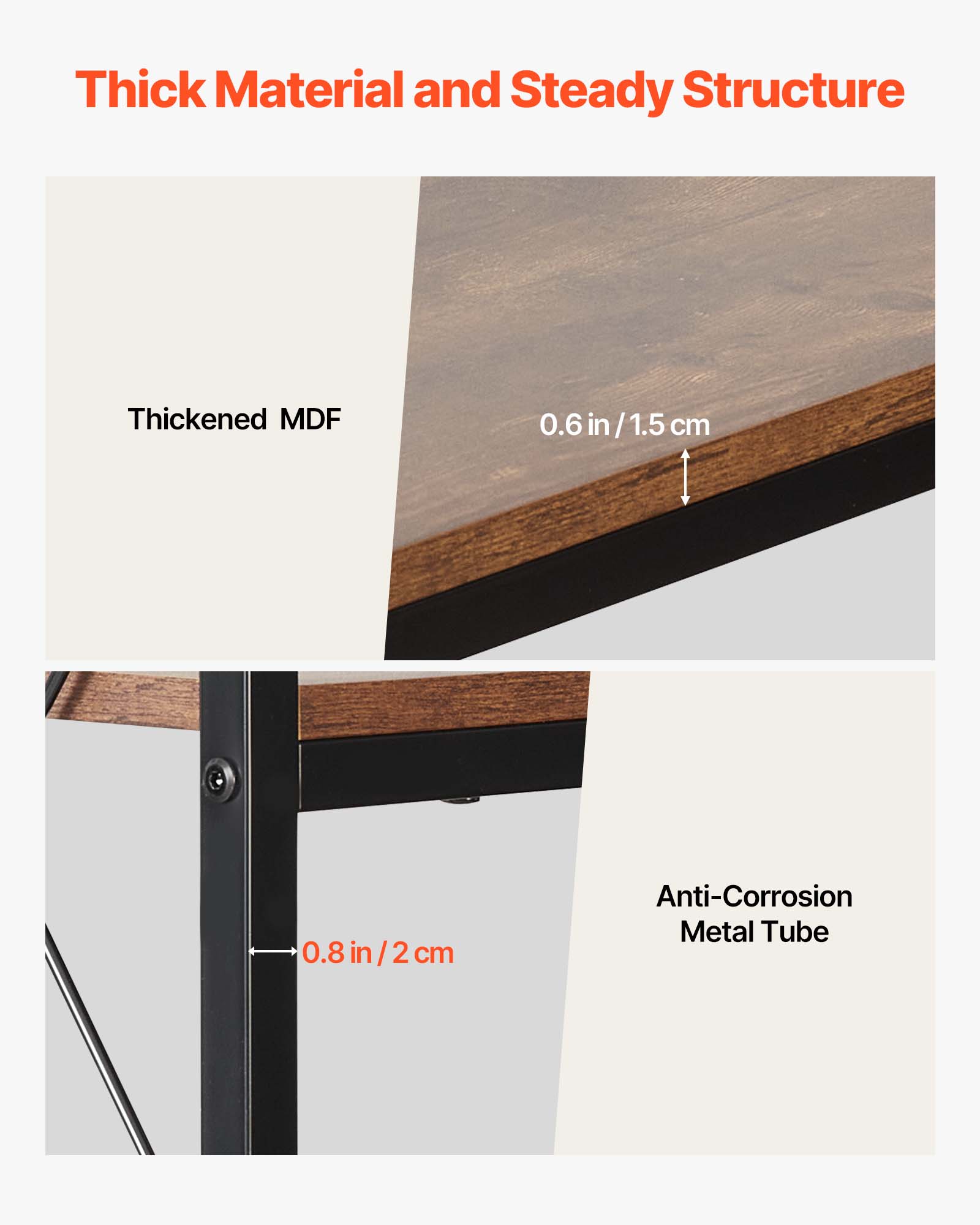 Thick Material and Steady Structure

Thickened MDF: 0.6 in/1.5 cm

Anti-Corrosion Metal Tube: 0.8 in/2 cm