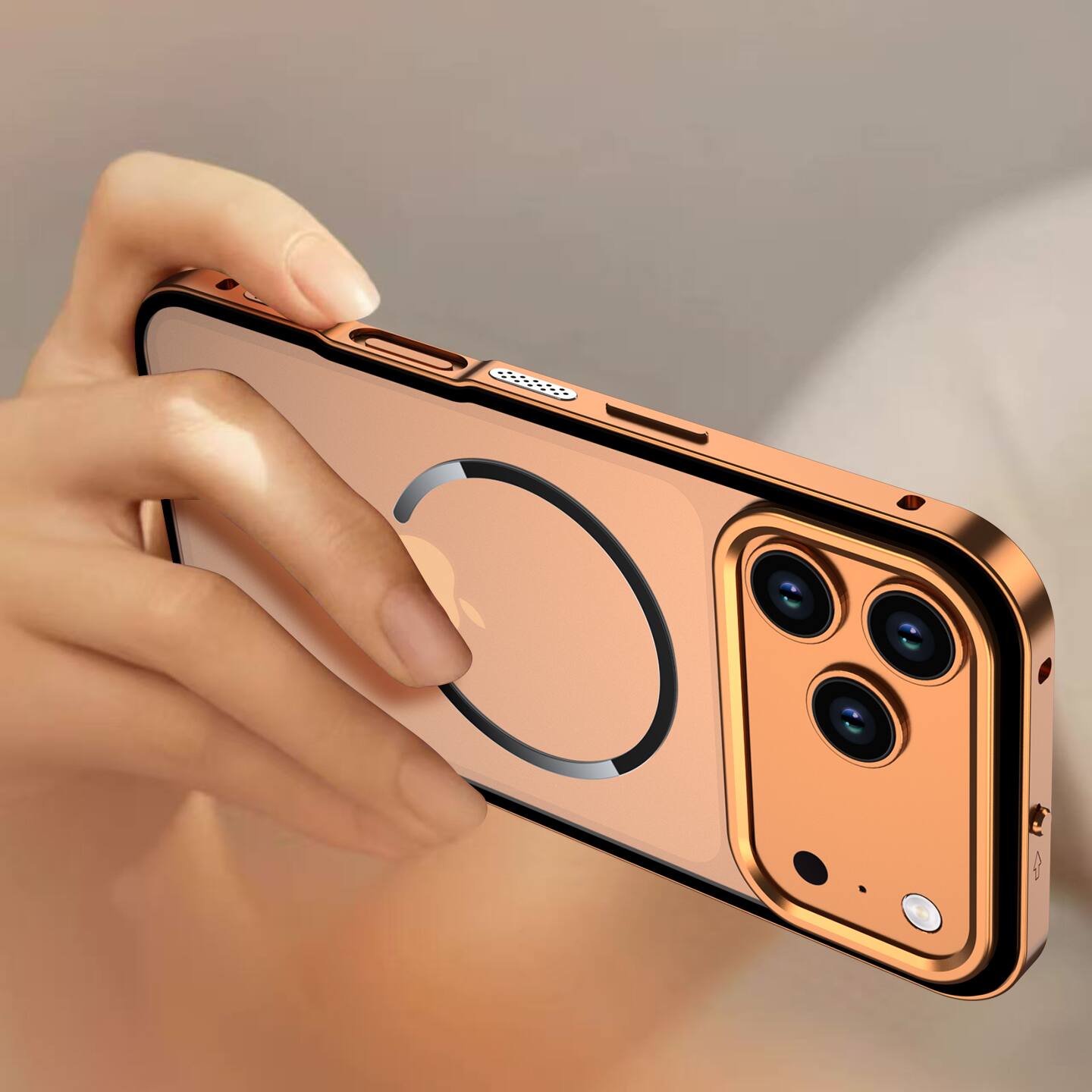 Left. Dteck - Magnetic Aluminum Bumper Case for Apple iPhone 17 Pro, Slim Shockproof Translucent Matte Cover with Buckle Lock - Silver.