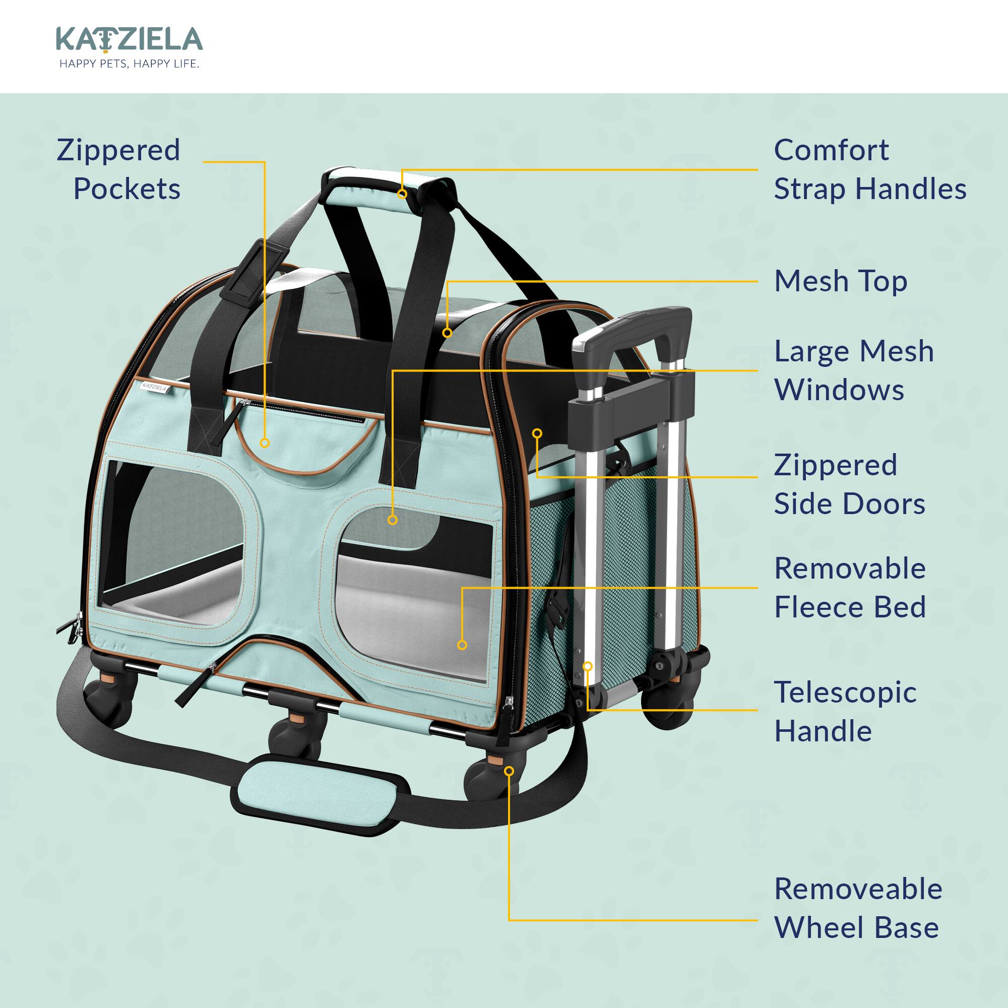 KATZIELA HAPPY PETS, HAPPY LIFE.

- Zippered Pockets
- Comfort Strap Handles
- Mesh Top
- Large Mesh Windows
- Zippered Side Doors
- Removable Fleece Bed
- Telescopic Handle
- Removable Wheel Base