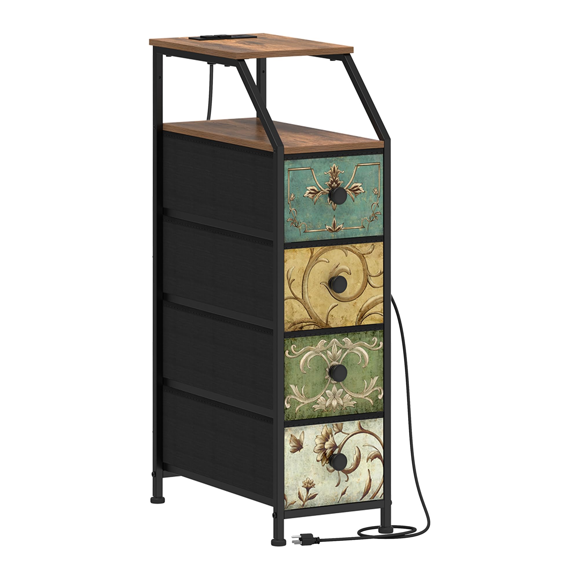 PO3TICJUNKI3 - Narrow Dresser Tall Skinny Storage Tower Vertical Slim Chest Of Drawers With Charging Station Nightstand Si - Retro Flower