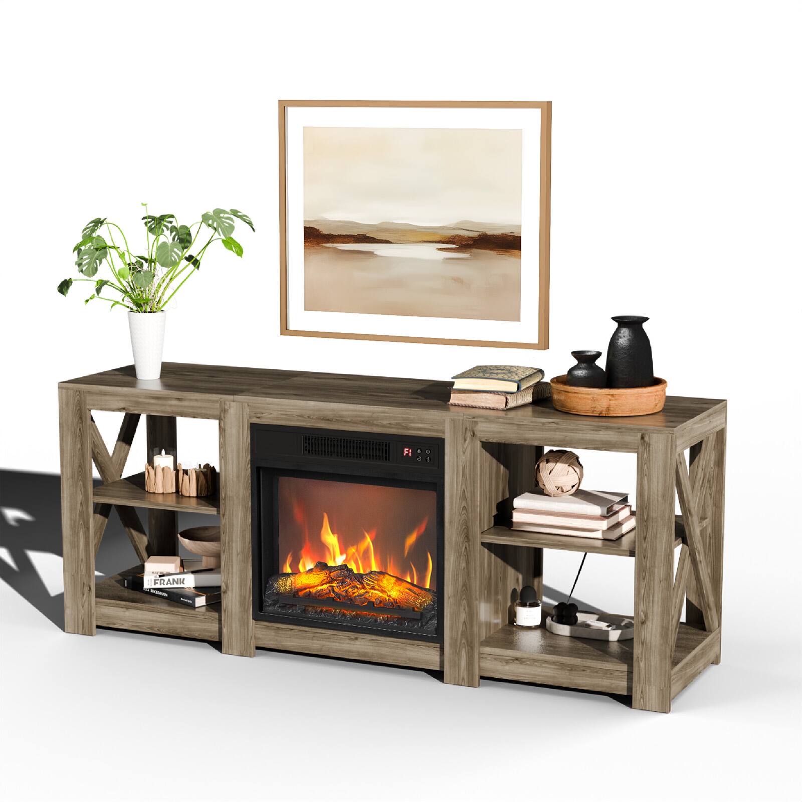 Alt View 7. Chateau Abodes - 58" Fireplace TV Stand with Double-Sided Cross Design & 18" Fireplace Core - Gary.