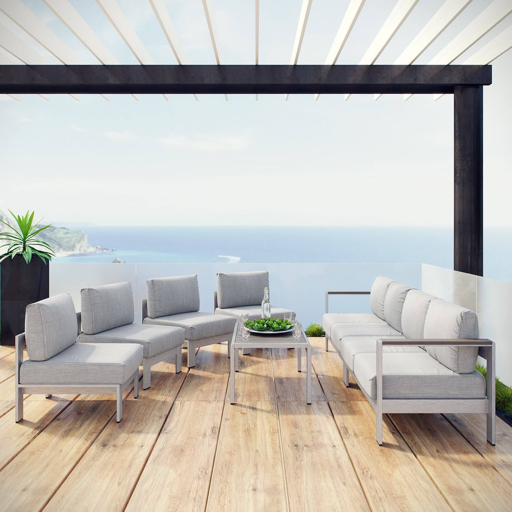 Alt View 3. Modway - Shore 7-Piece Outdoor Patio Sectional Sofa Set - Silver Gray.