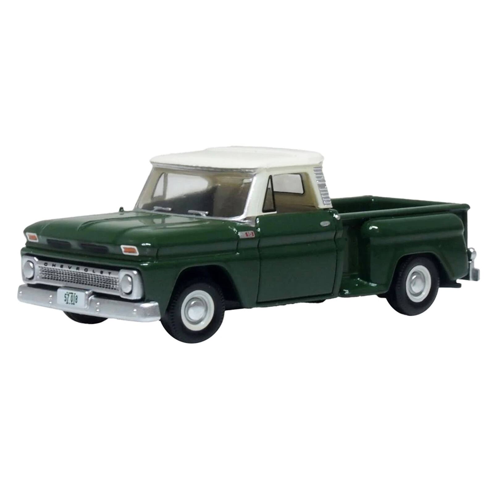 Alt View 1. Oxford Diecast - 1965 Chevrolet C10 Stepside Pickup Truck Dark Green with Ivory Top 1/87 (HO) Scale Diecast Model Car by Oxford Diecast.