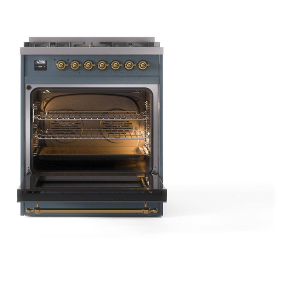 Alt View 4. ILVE - ILVE Nostalgie II Series 30 in. Dual Fuel Range with 5 Sealed Burners (Liquid Propane, Brass Trim) - Blue Grey.