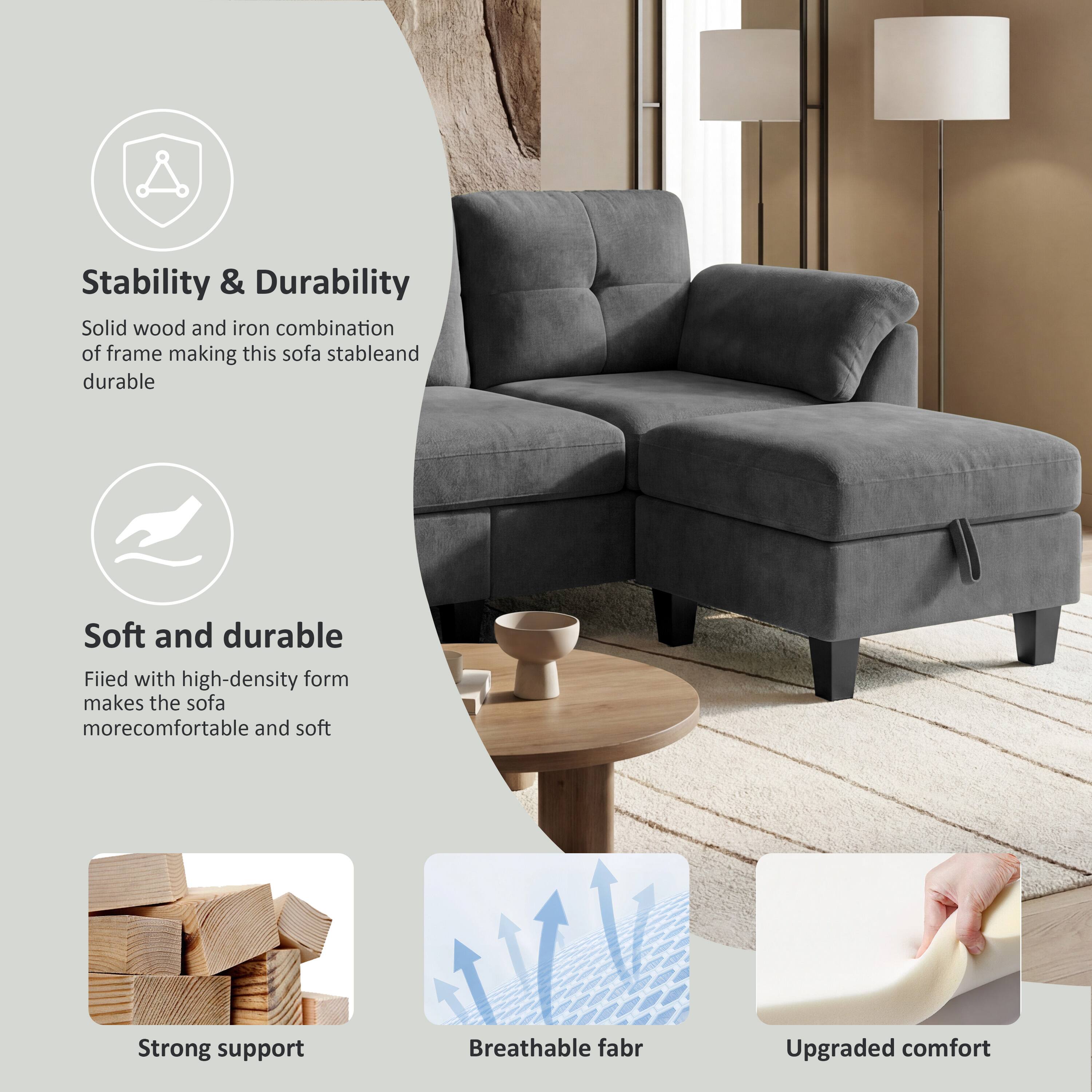 Stability & Durability  
Solid wood and iron combination of frame making this sofa stable and durable  

Soft and durable  
Filled with high-density foam makes the sofa more comfortable and soft  

Strong support  

Breathable fabric  

Upgraded comfort