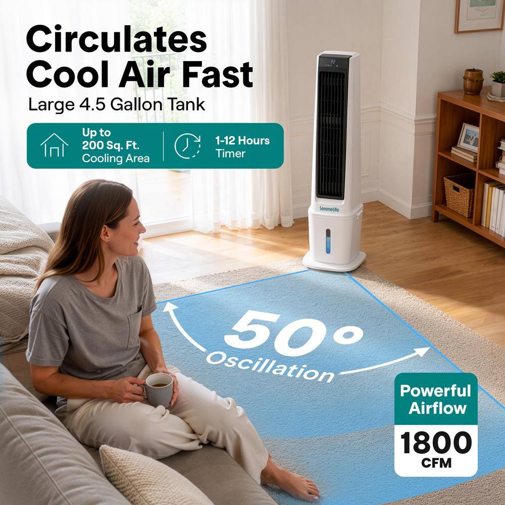 Circulates Cool Air Fast  
Large 4.5 Gallon Tank  
Up to 200 Sq. Ft. Cooling Area  
1-12 Hours Timer  
50 Oscillation  
Powerful Airflow 1800 CFM