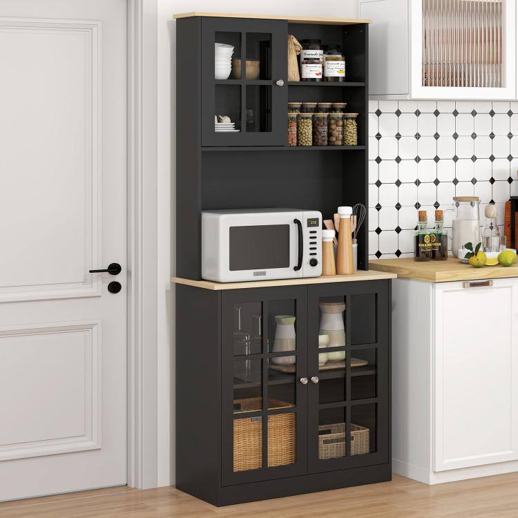 Alt View 2. PULUZ - 72 inch Kitchen Pantry Storage Cabinet with Hutch, Large Countertop, Glass Doors and Adjustable Shelves - Black.