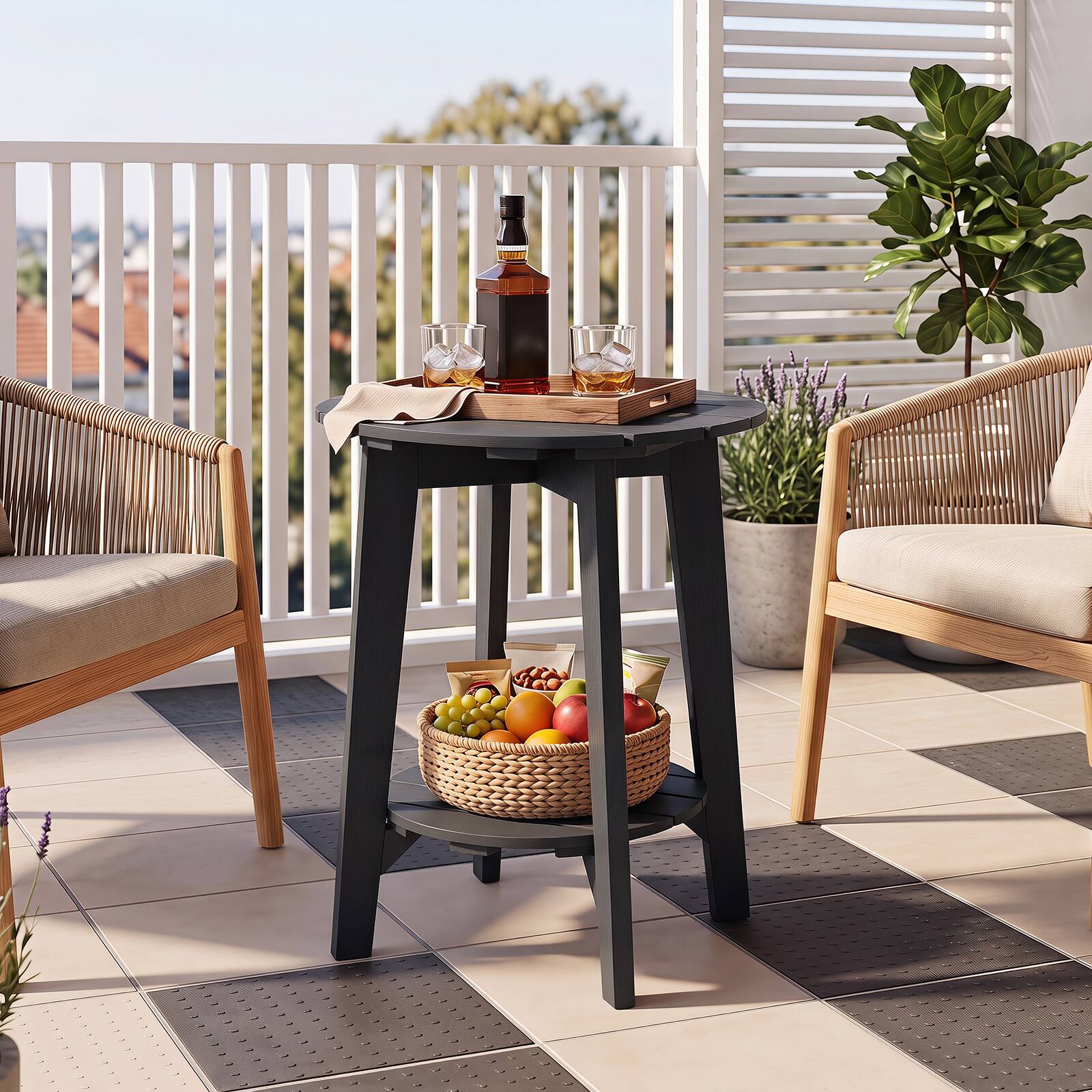 Alt View 4. Gymax - Gymax 2PCS Outdoor Eucalyptus Wood Side Table 2-Tier End Table w/Slatted Tabletop Black - Black.