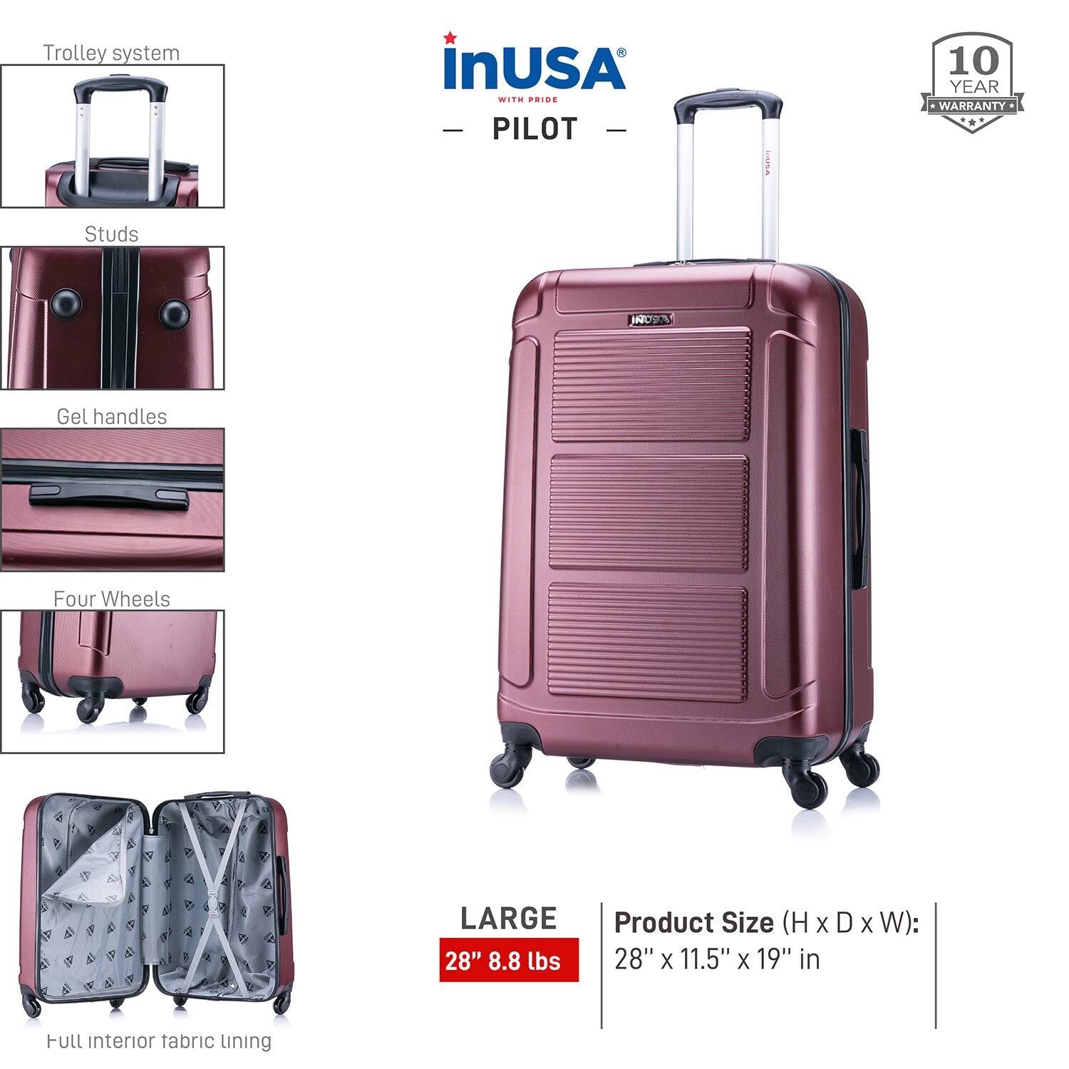 - Trolley system
- Studs
- Gel handles
- Four Wheels
- Full interior fabric lining

LARGE  
28" 8.8 lbs

Product Size (H x D x W):  
28" x 11.5" x 19" in

10 YEAR WARRANTY