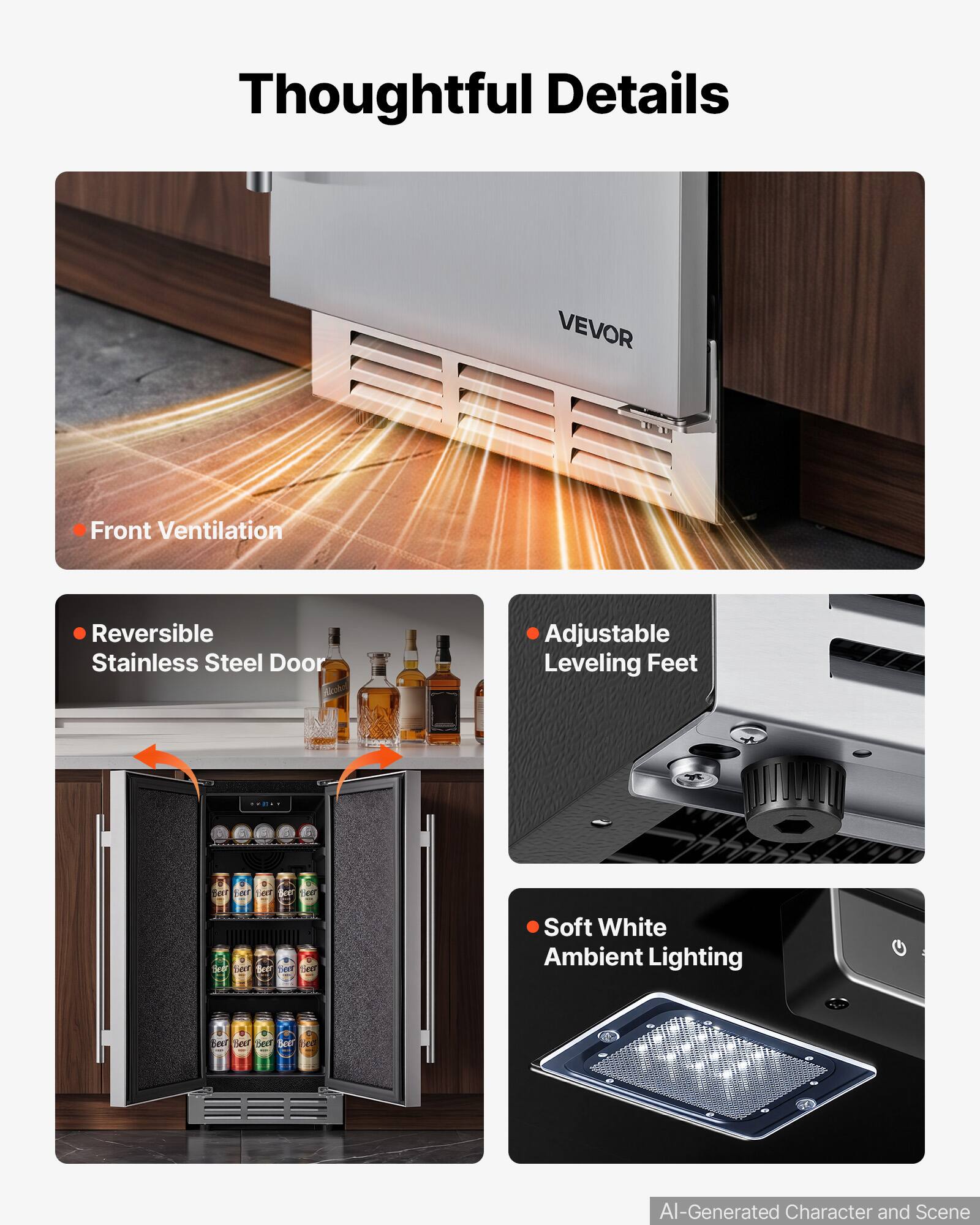 Thoughtful Details

VEVOR

- Front Ventilation
- Reversible Stainless Steel Door
- Adjustable Leveling Feet
- Soft White Ambient Lighting

AI-Generated Character and Scene