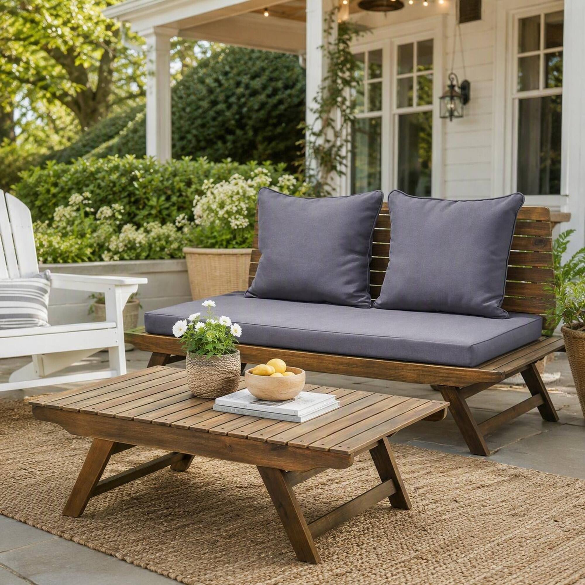 Back. RYHNUYNE - Natural Brown Solid Wood Outdoor Coffee Table, Slatted Tabletop Patio Low Table for Garden Backyard Deck Porch - Grey.