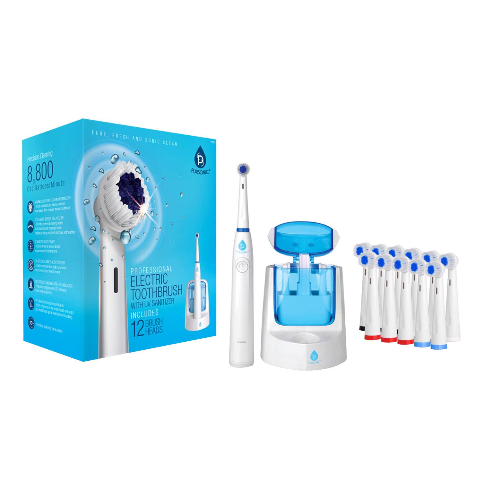 Pession Deaning 8,800 Oscillations/Minute. Pure. Fresh and Sonic Clean. Pursonic. Professional Electric Toothbrush with UV Sanitizer. Includes 12 Brush Heads.