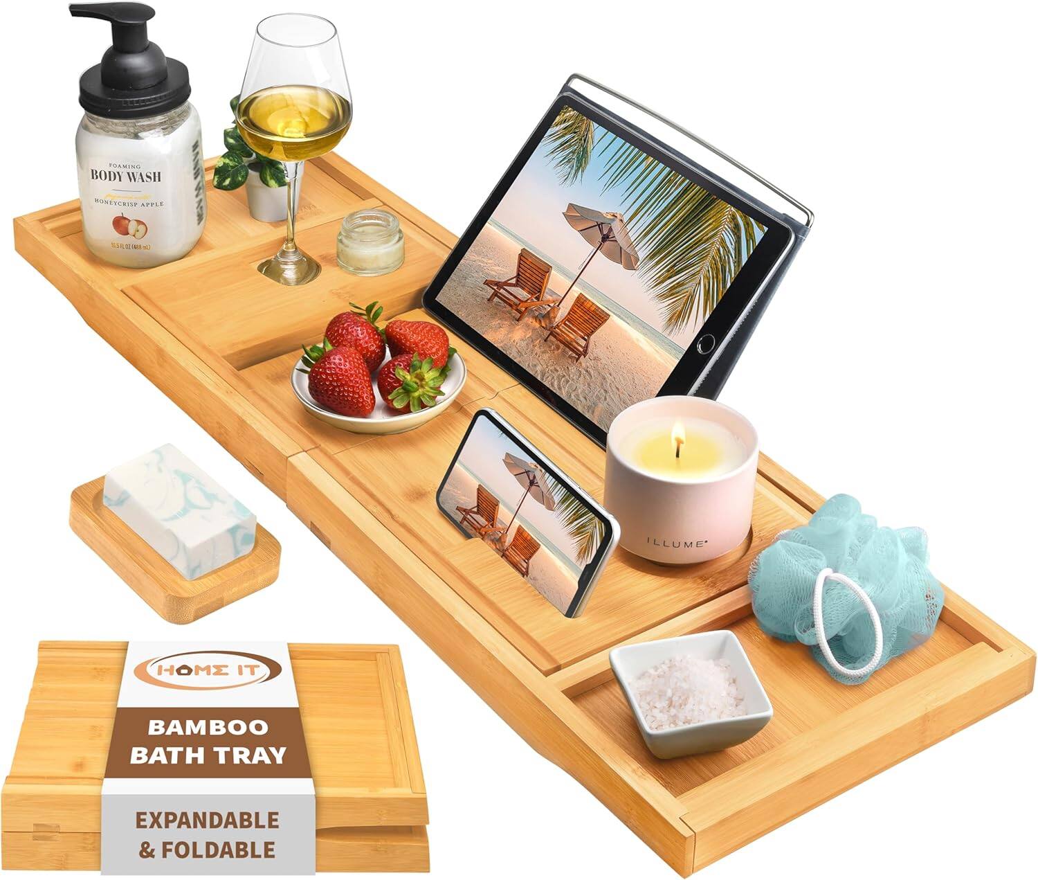 Home It - Premium Foldable Bamboo Bathtub Tray – Expandable Waterproof Bath Caddy with Wine Holder, Tablet & Book Stand - BEIGE