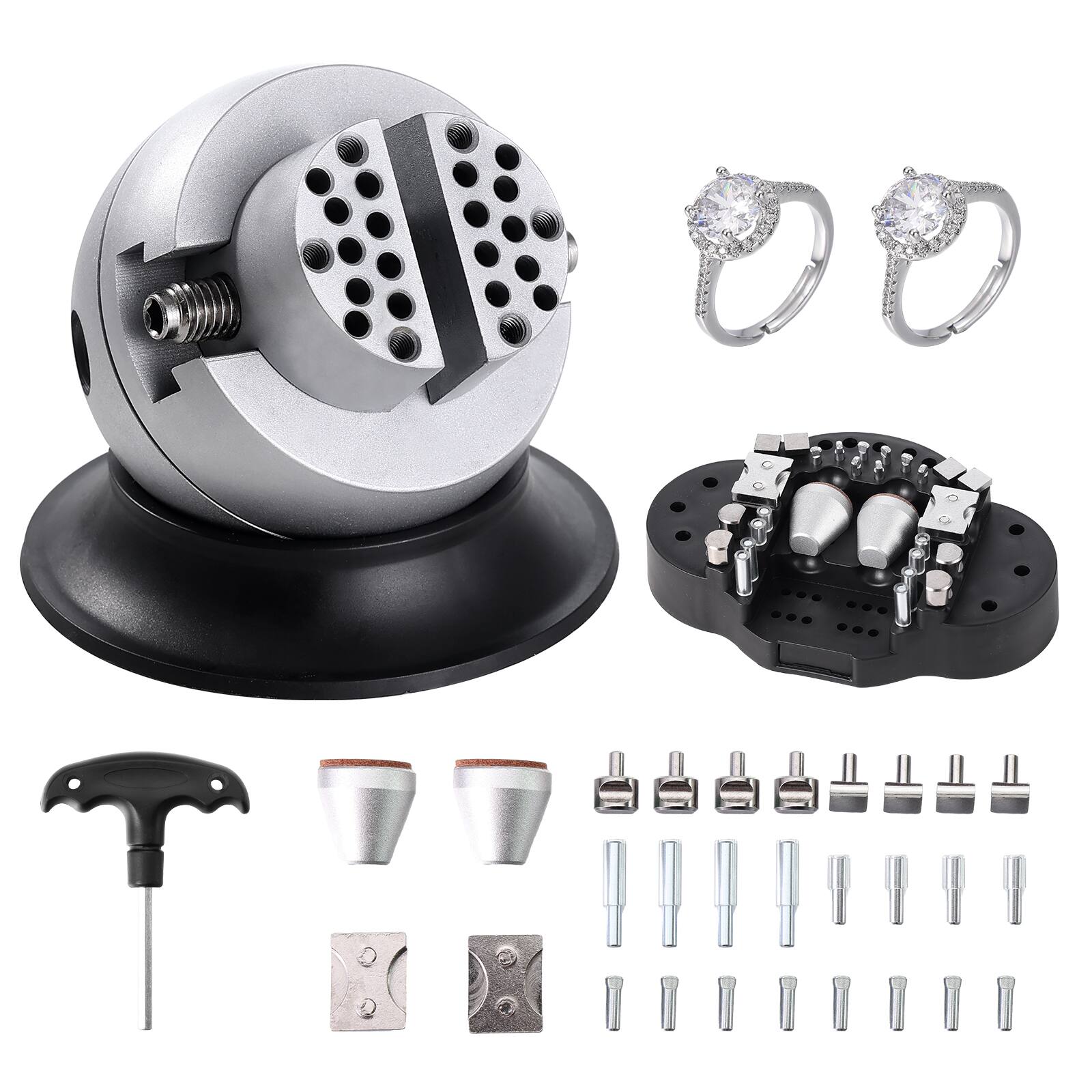 Front. VEVOR - Ball Vise, 3" Engraving Setting Tool, 360° Rotation Engraving Block Vise, 30 PCS Attachment Jewelry Engraving Block - Black;Silver.