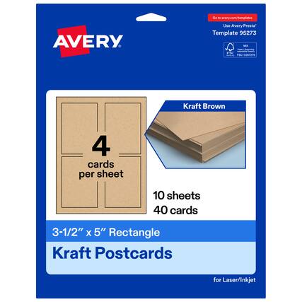 Go to avery.com/templates
Use Avery Presta™ Template 95273
Kraft Brown
4 cards per sheet
10 sheets
40 cards
3-1/2" x 5" Rectangle Kraft Postcards for Laser/Inkjet