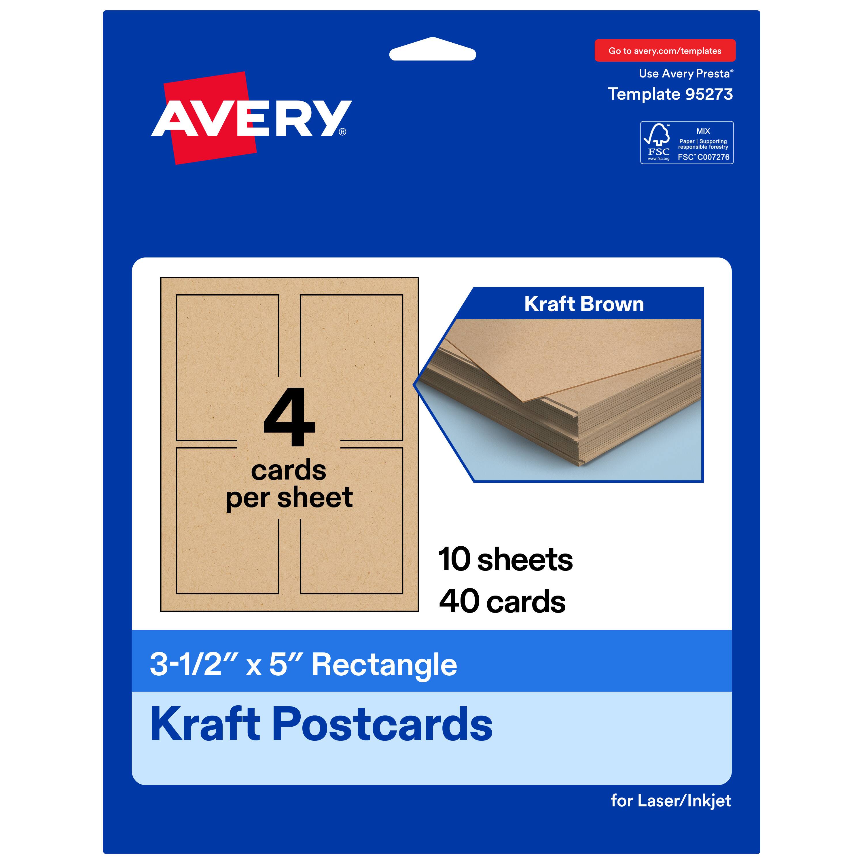 Go to avery.com/templates  
Use Avery Presta™ Template 95273  
Kraft Brown  
4 cards per sheet  
10 sheets  
40 cards  
3-1/2" x 5" Rectangle Kraft Postcards for Laser/Inkjet