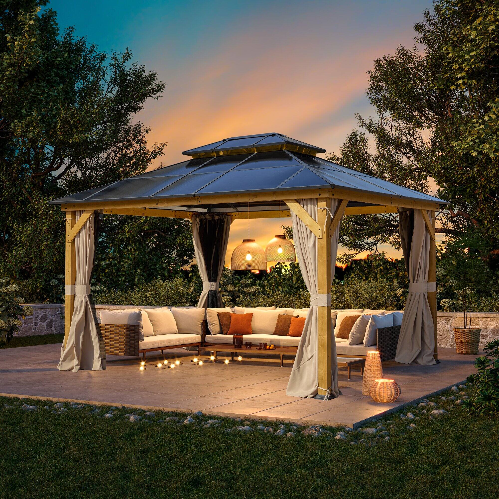 Left. U-HOMY - 11'x13' Wood Double Roof Gazebo - WoodFrame.