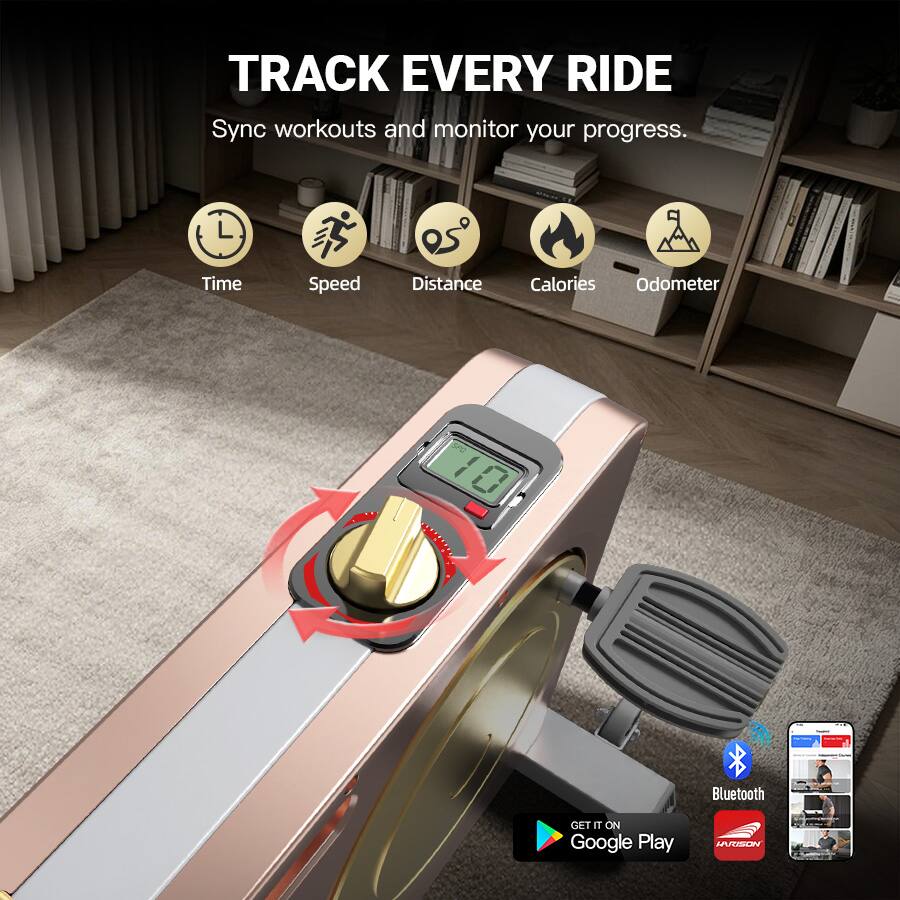 TRACK EVERY RIDE  
Sync workouts and monitor your progress.  
Time Speed Distance Calories Odometer  
10  
Bluetooth  
GET IT ON Google Play