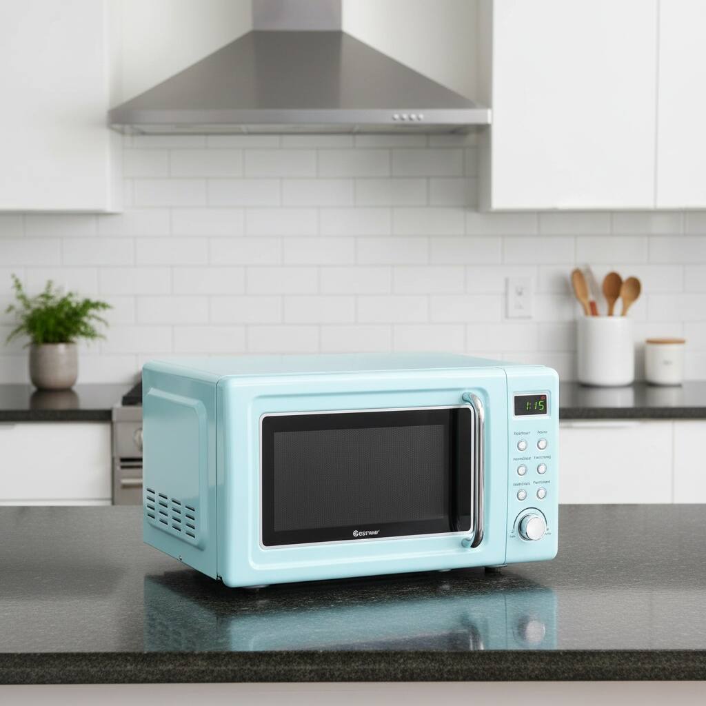Angle. Forest'nSky - 700W Retro Style Microwave Oven Countertop, Auto Cooking & 5 Power Settings, Compact for Small Spaces,Green - Green.