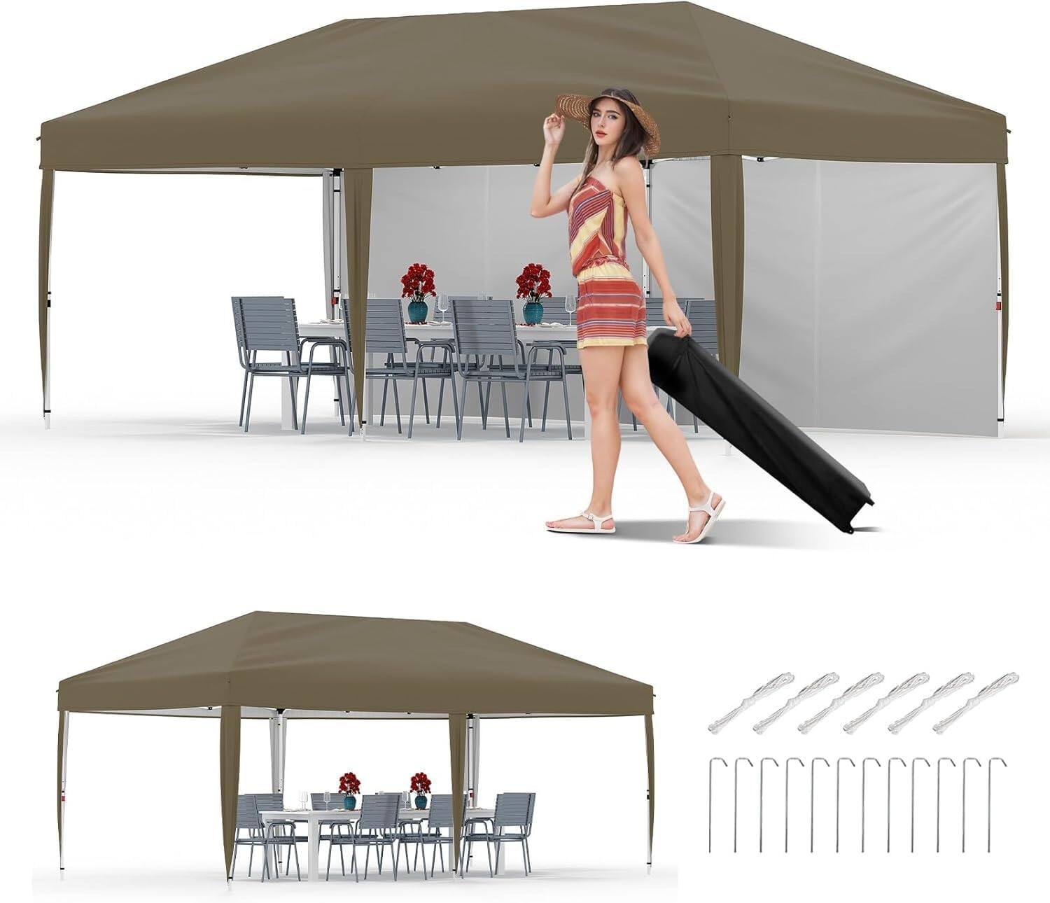 Front. Acekool - 10'x20' Pop-Up Canopy Tent, Instant Commercial Outdoor Shelter with 2 Sidewalls, 12 Stakes, 6 Sandbags, Brown.