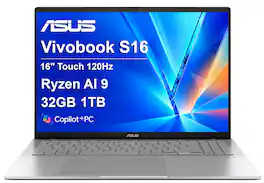 ASUS - Vivobook S16 16" 120Hz Touchscreen Laptop - AMD Ryzen AI 9 465 2026 - Radeon 880M - 32GB RAM - 1TB SSD - Copilot+ PC - Silver