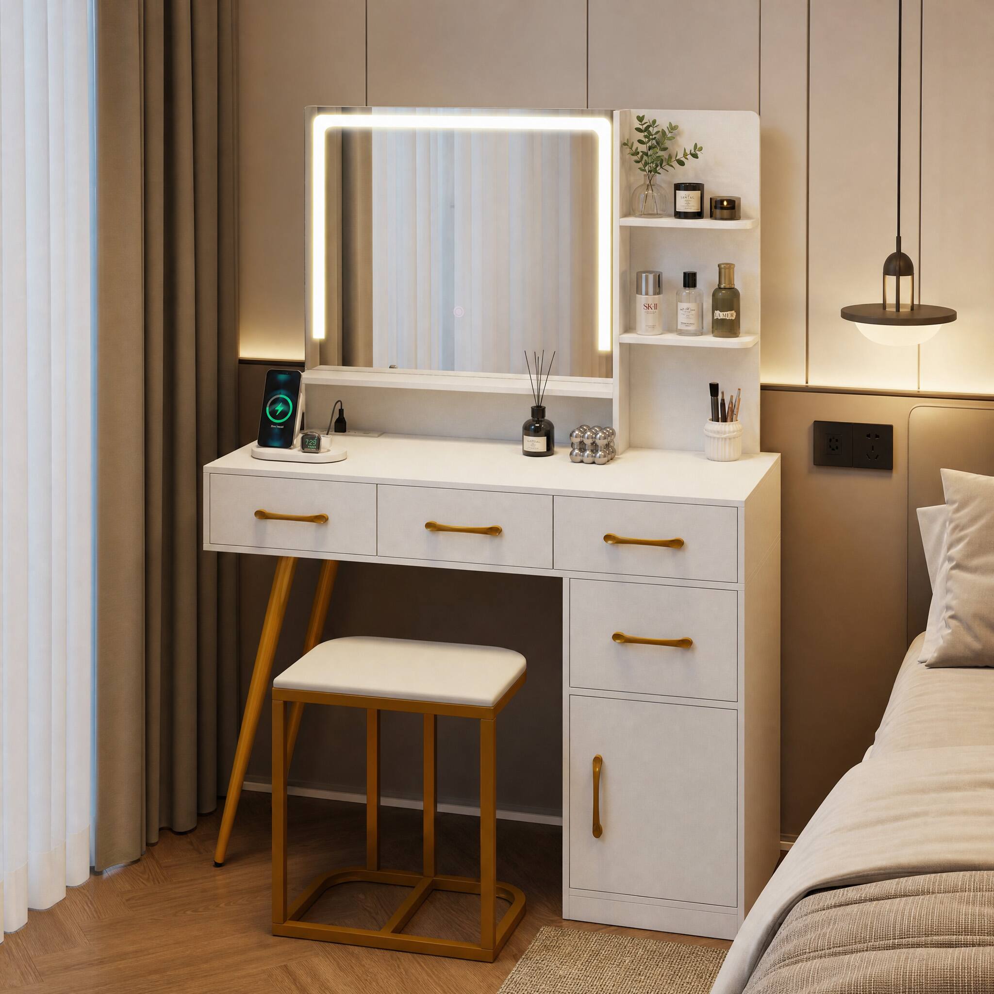 Front. WELLFOR - Vanity Desk with Mirror LED Light & Power Outlet, Modern Makeup Vanity Set with 4 Drawers & Cushioned Stool for Bedroom - White.