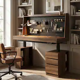Famapy - Electric Standing Desk with Pegboard, USB Outlets, Storage Drawers, 59" Workstation, 170 LBS - Walnut