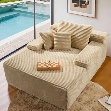 Front. Ovios - 67'' Fluffy Chaise Lounge Chair, Upholstered Sofa Bed, Sleeper Couch for Living Room - Beige(Plush Corduroy).