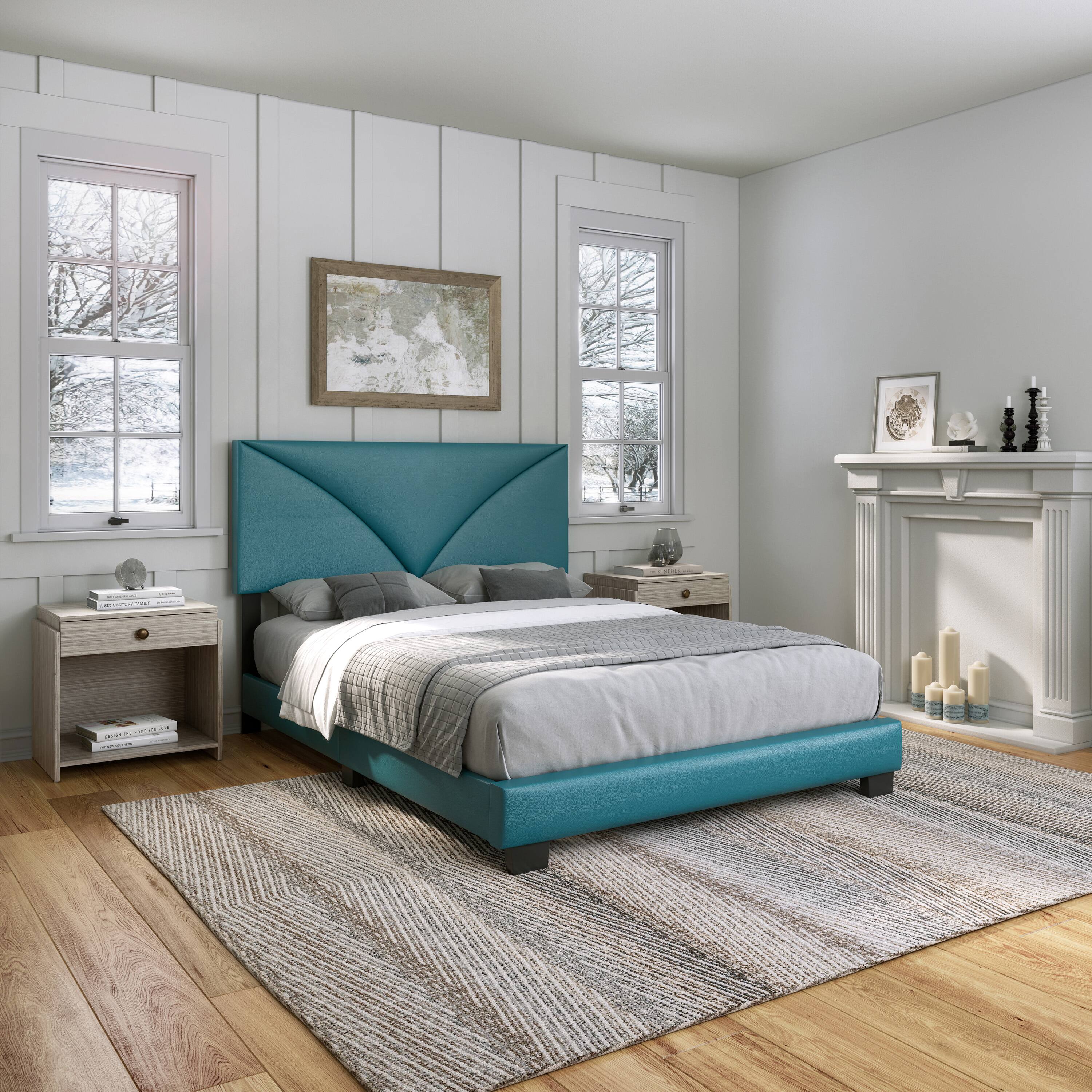 Alt View 4. Boyd Sleep - Cornerstone Upholstered Platform Bed Frame, 4 Slat Wood Support System, Box Spring Required, Full - Teal.
