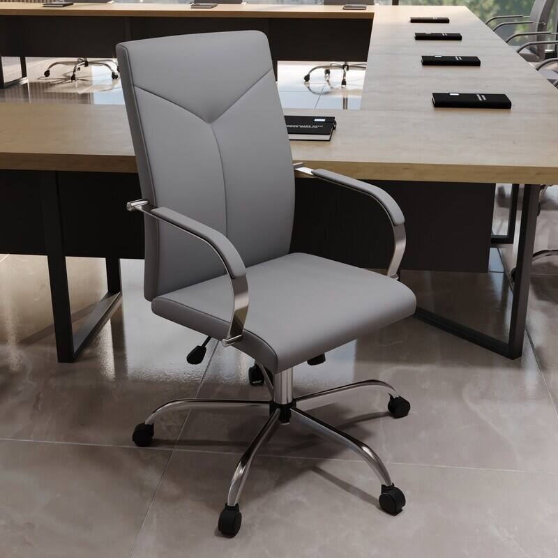 Angle. LeisureMod - Sonora High-Back Leather Office Chair with Adjustable Height, Swivel, and Tilt, Desk, Conference Room, or Home Office - Grey.