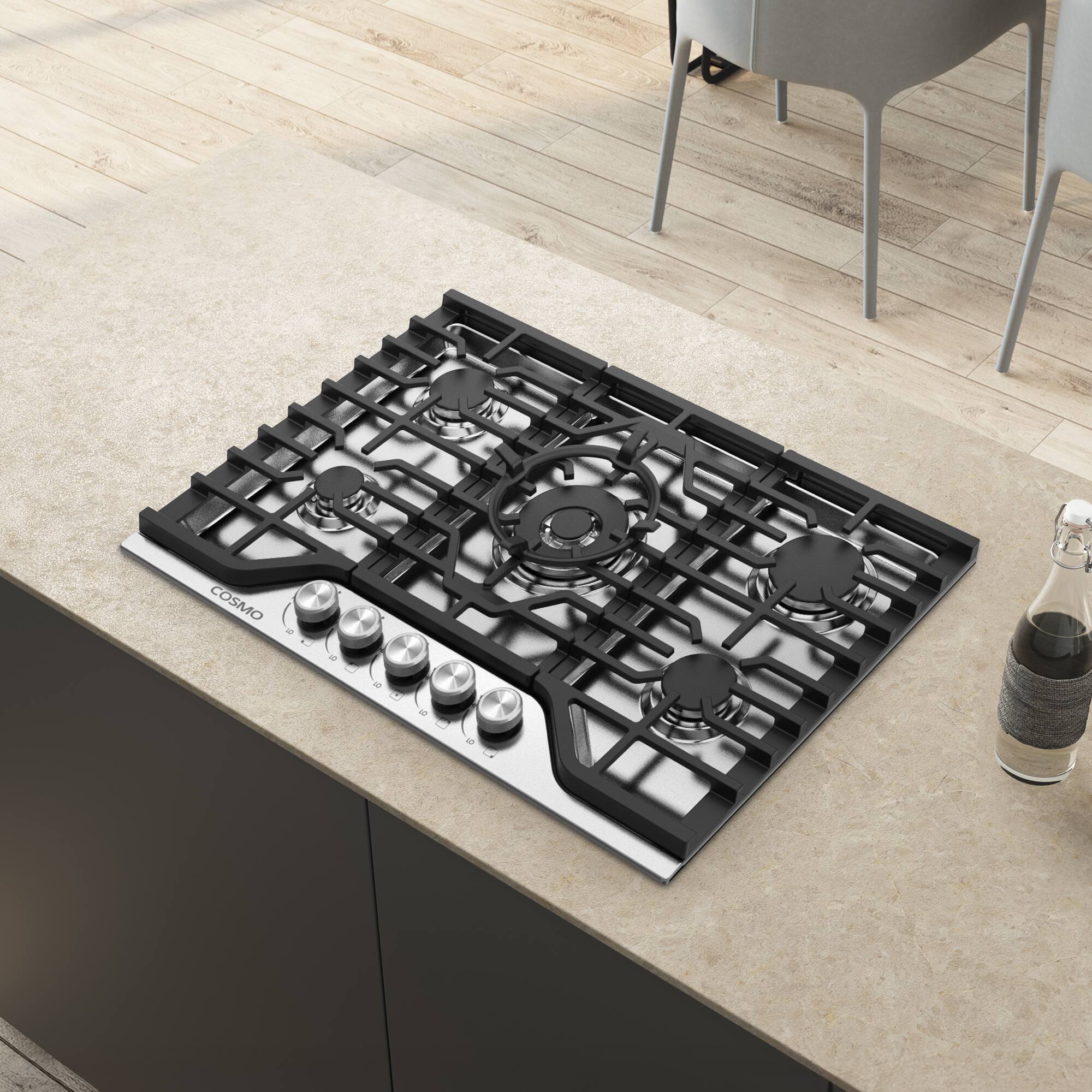 Angle. COSMO - COS-CTGV305SS 30 in. Vista Collection Drop-in Gas Cooktop with 5 Burners, Metal Knobs, Cast Iron Grates, Stainless Steel - Stainless Steel.