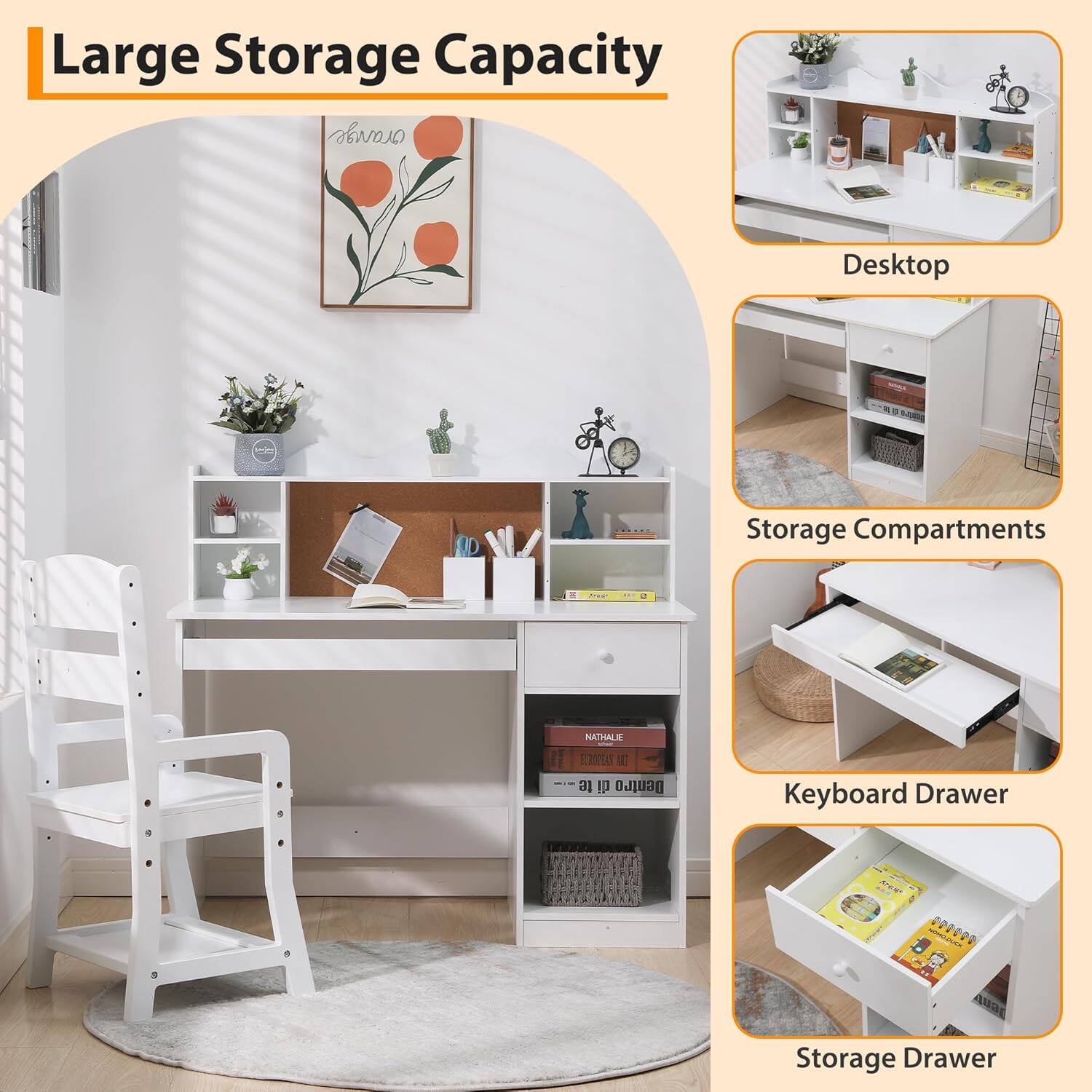 Large Storage Capacity

- Desktop
- Storage Compartments
- Keyboard Drawer
- Storage Drawer