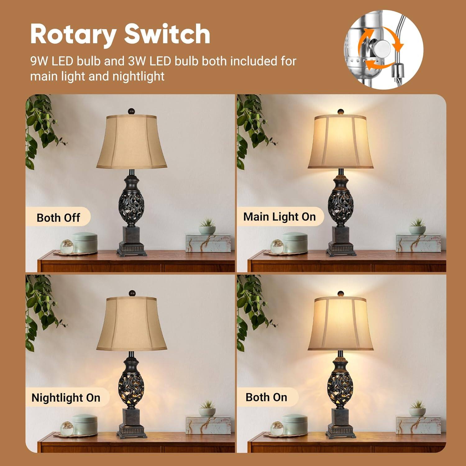 Rotary Switch

9W LED bulb and 3W LED bulb both included for main light and nightlight

- Both Off
- Main Light On
- Nightlight On
- Both On