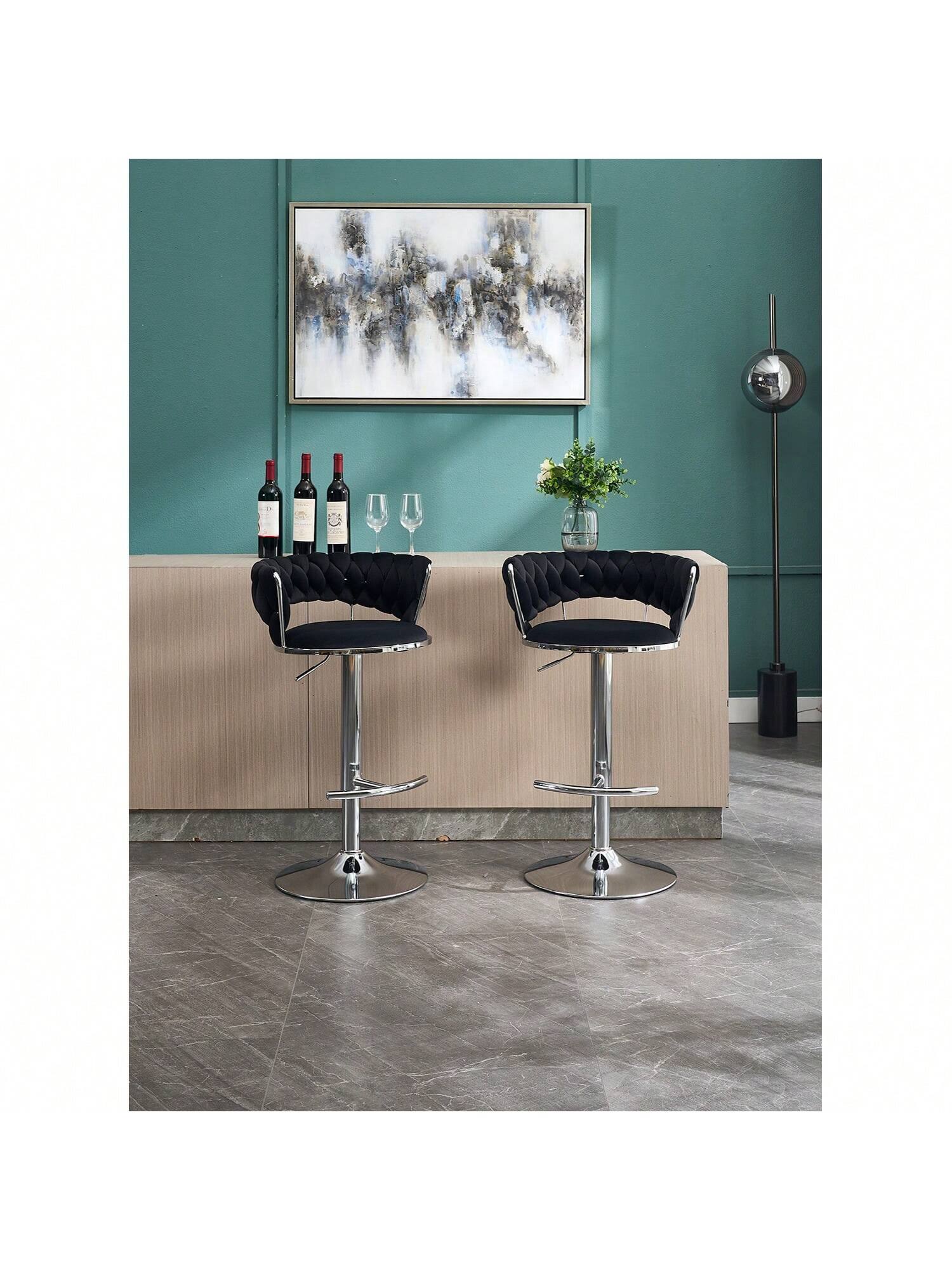 Alt View 2. Trinkets Crazed - Velvet Bar Stools Set Of 2, Modern Swivel Barstools With Woven Backrest, Adjustable Counter Stools - Black.