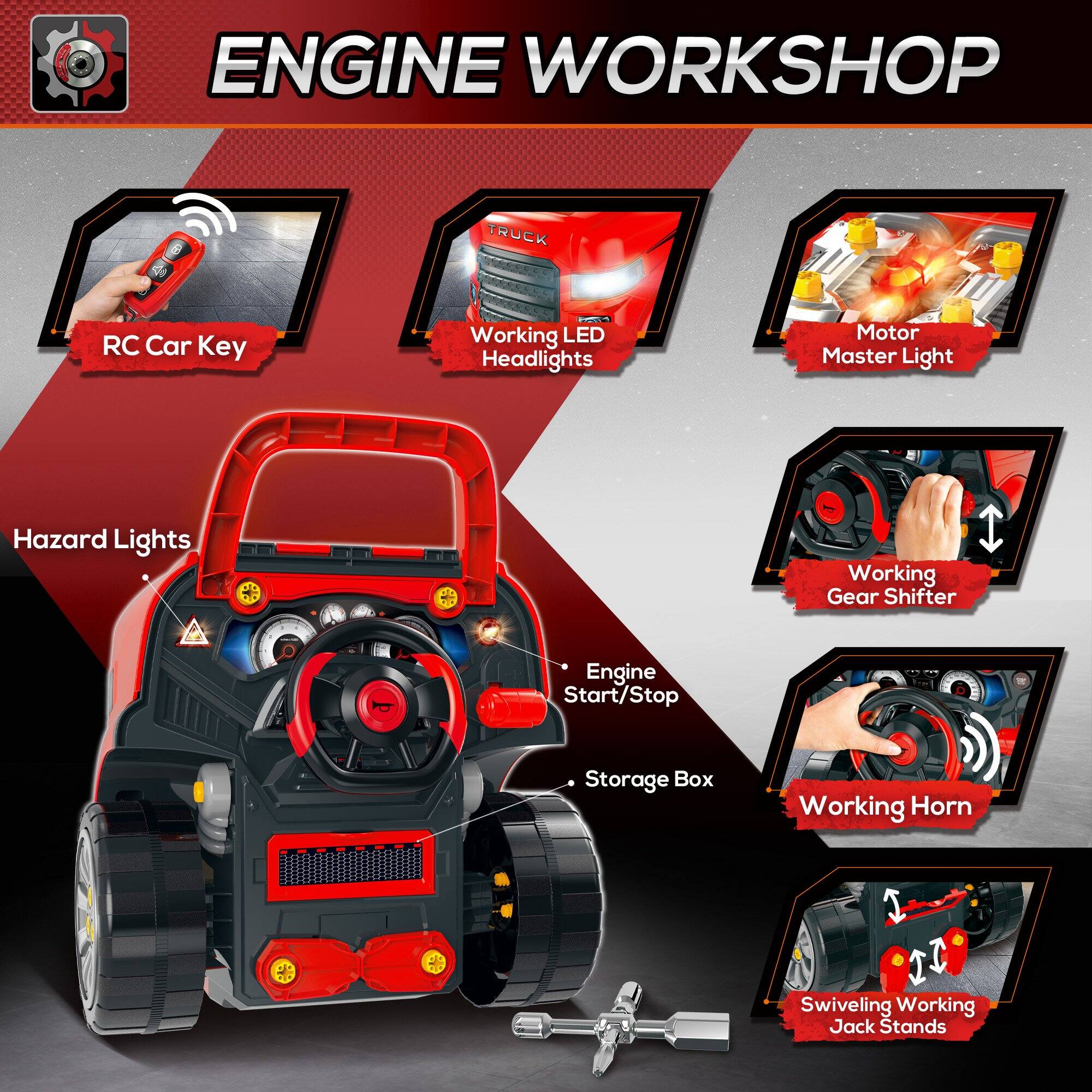 ENGINE WORKSHOP

- RC Car Key
- Working LED Headlights
- Motor Master Light
- Hazard Lights
- Working Gear Shifter
- Engine Start/Stop
- Storage Box
- Working Horn
- Swiveling Working Jack Stands