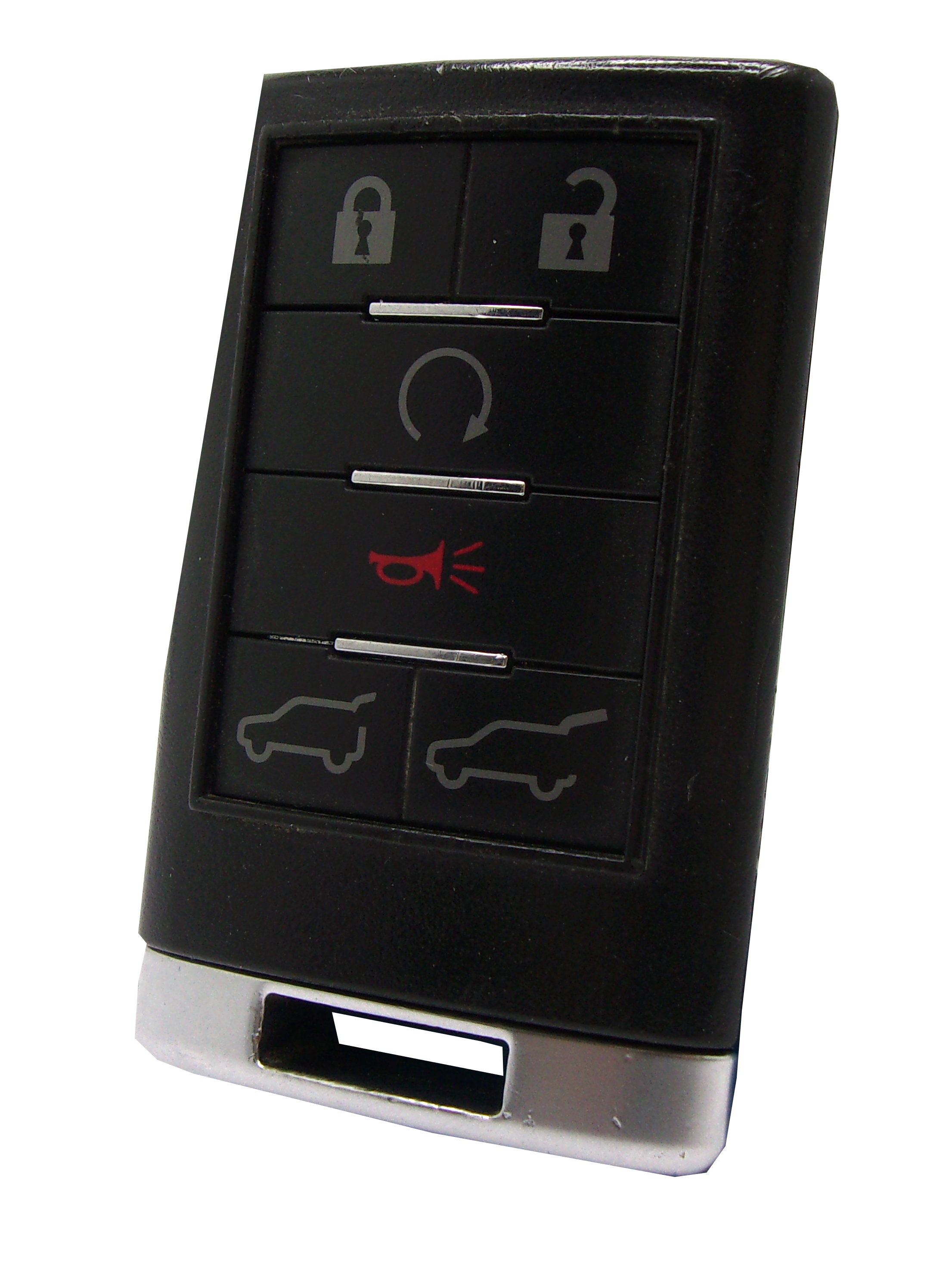 Left. Car Keys Express - Cadillac Keyless Entry Remote - 6 Buttons (Lock, Unlock, Remote Start, Hatch, Hatch Glass, and Panic) - Black.
