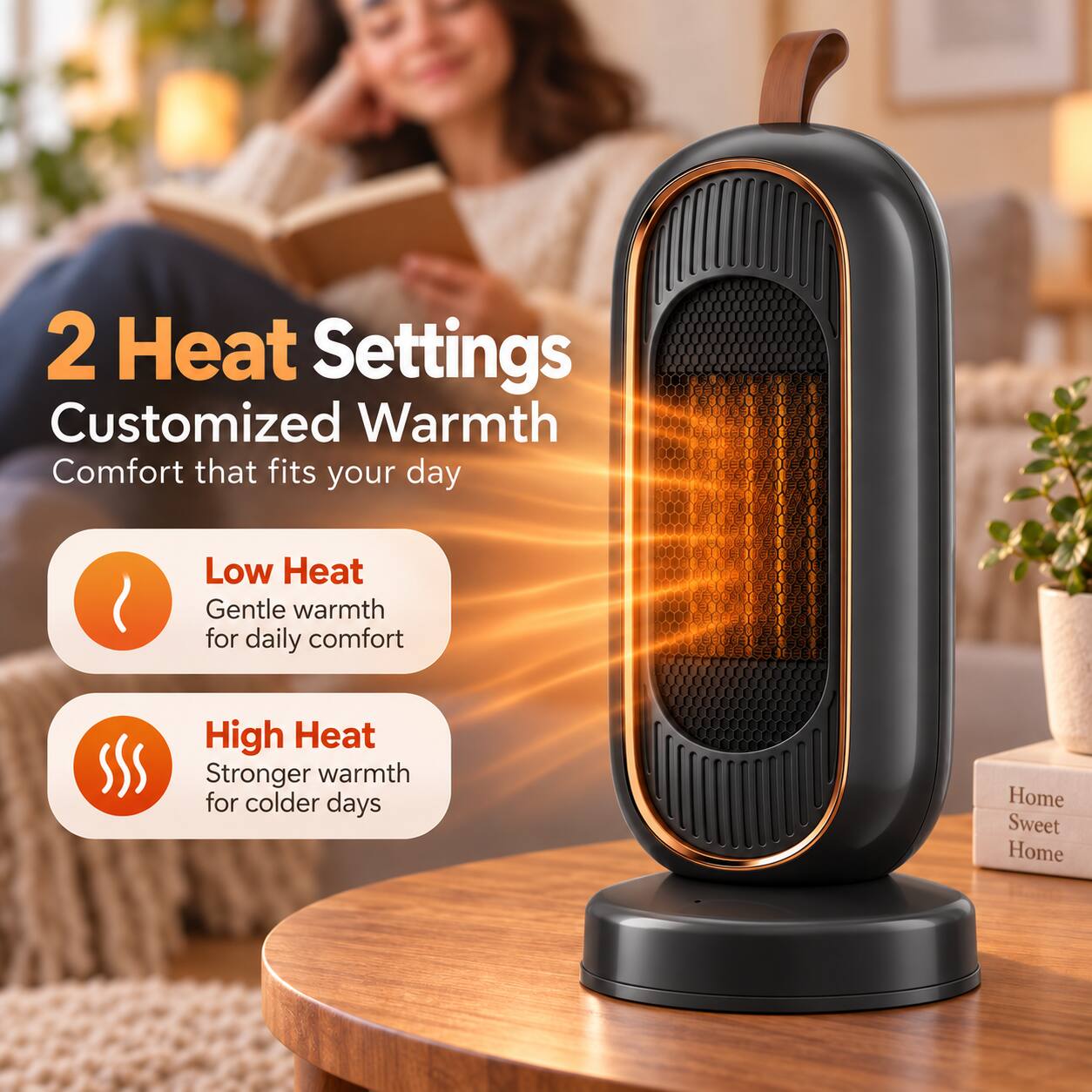 2 Heat Settings  
Customized Warmth  
Comfort that fits your day

Low Heat  
Gentle warmth for daily comfort

High Heat  
Stronger warmth for colder days

Home Sweet Home