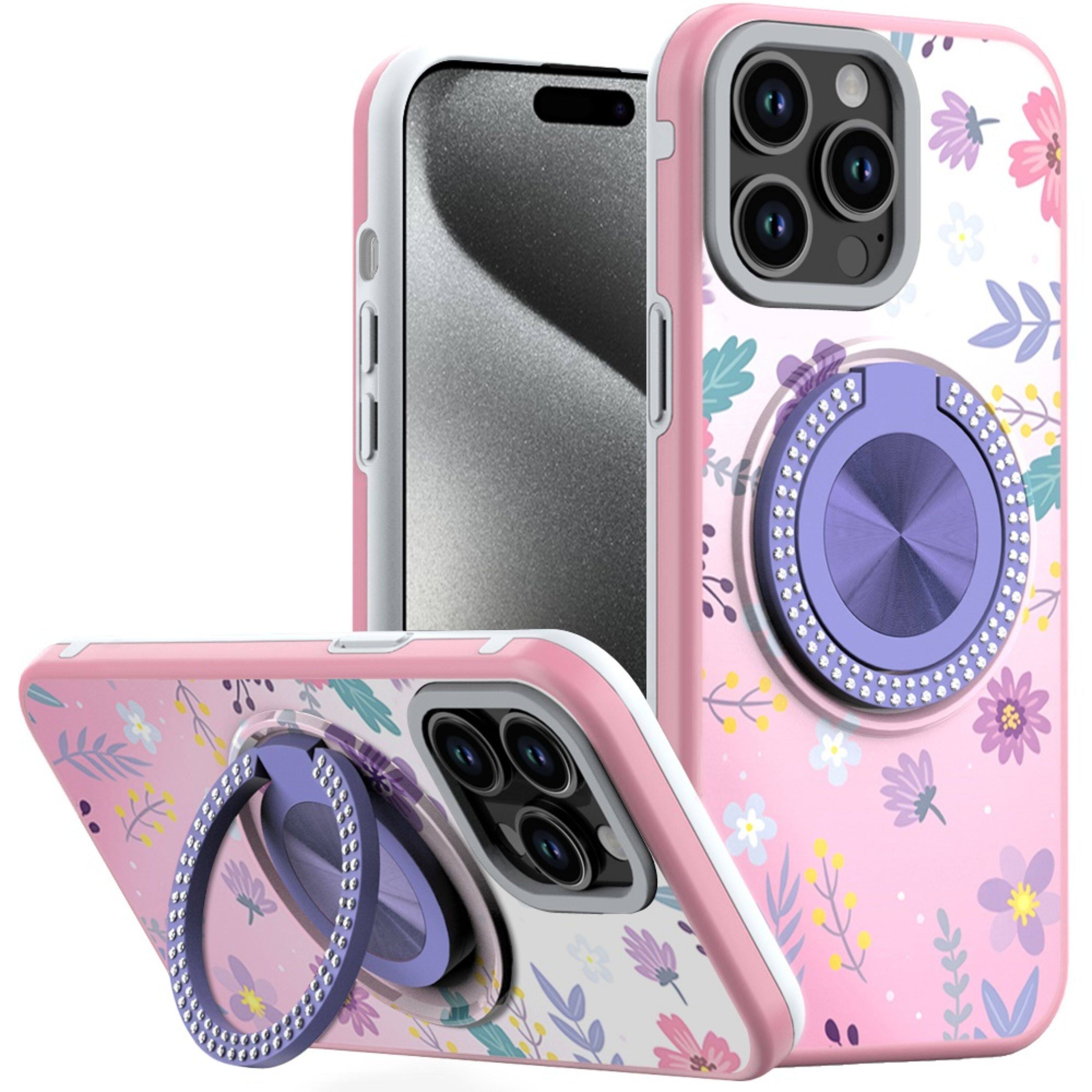 Front. Kitcheniva - Printed Bling Stand Case With 2 Tempered Glass For iPhone 15 Pro Max Floral C - Multicolor.