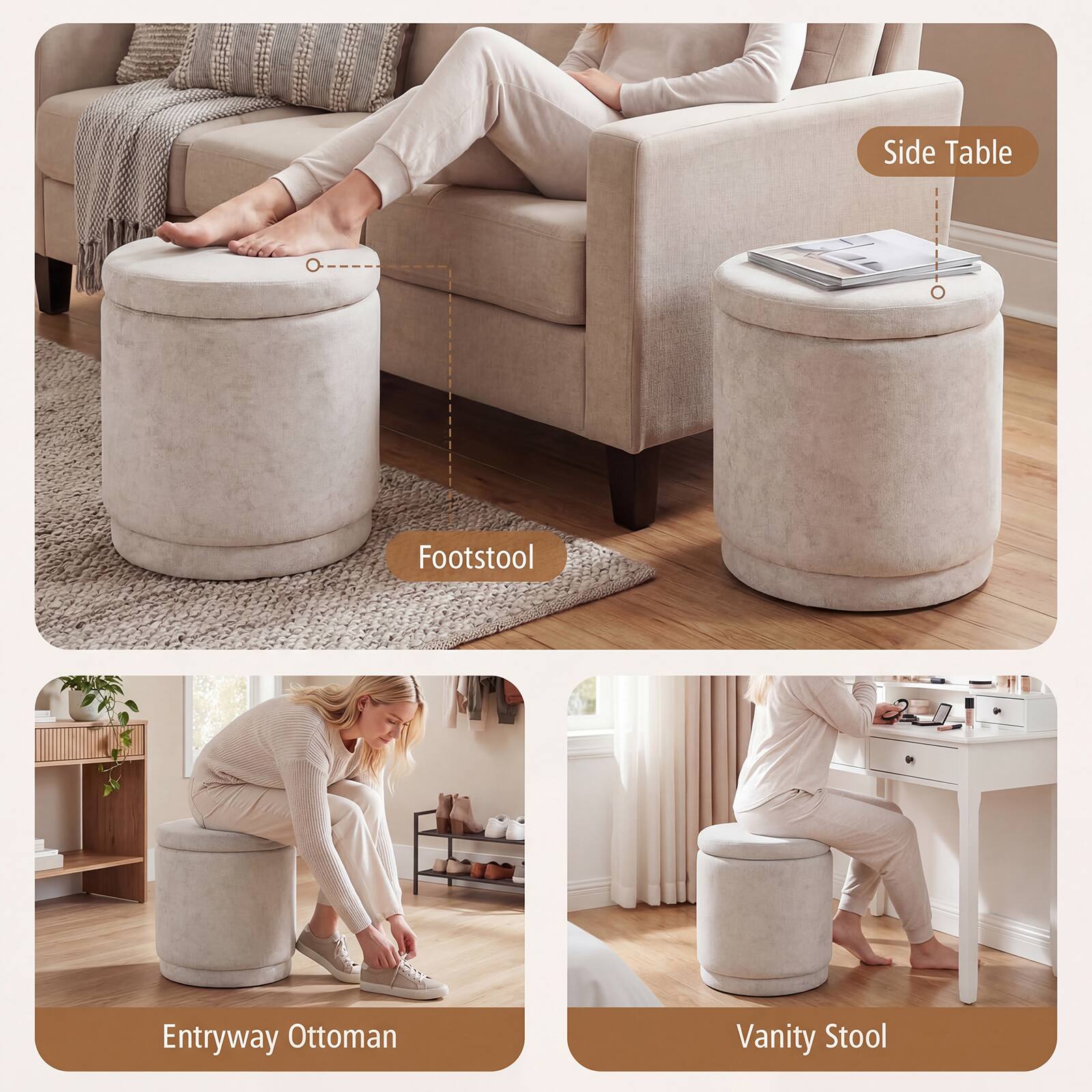 - Side Table
- Footstool
- Entryway Ottoman
- Vanity Stool
