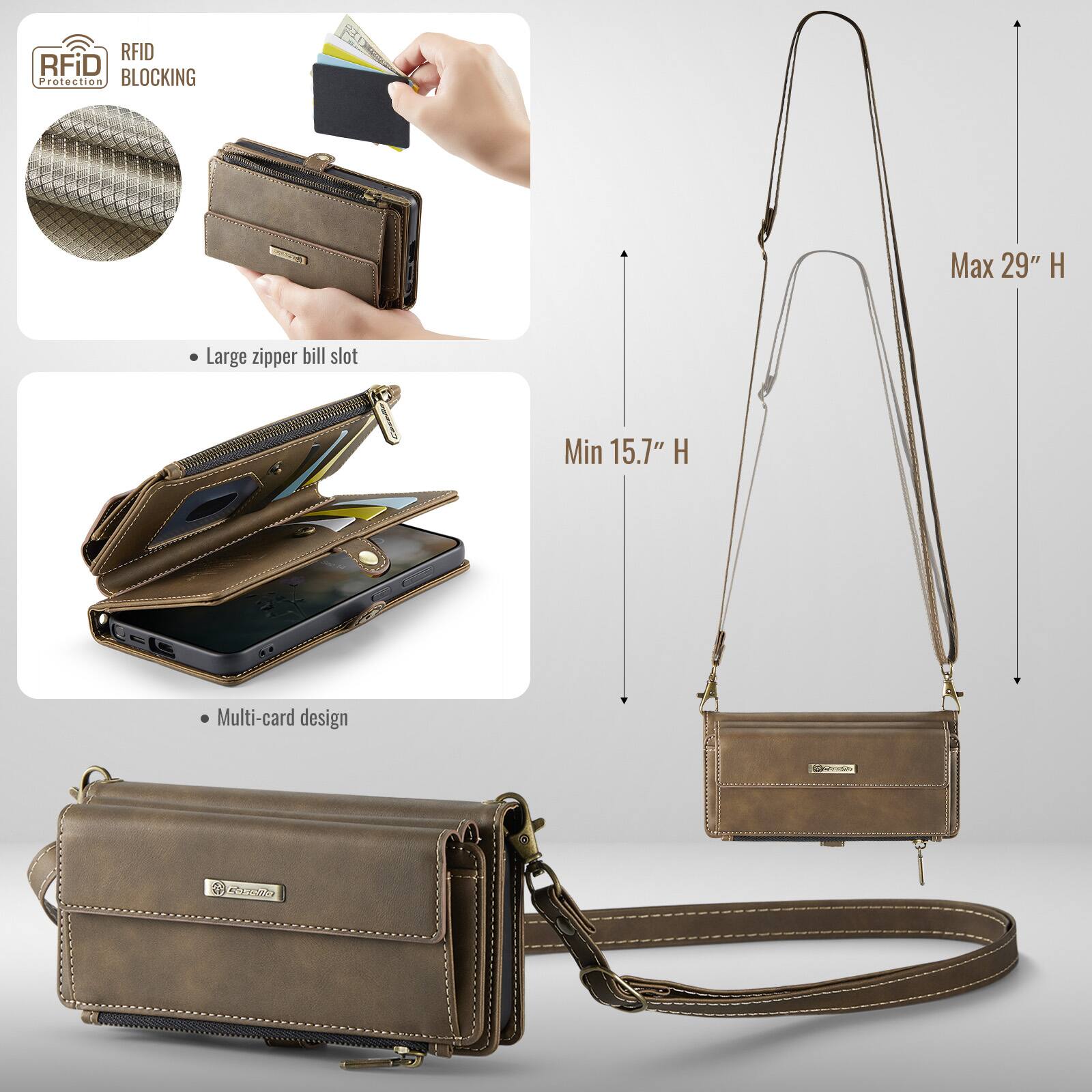 RFID Protection  
RFID BLOCKING  
Large zipper bill slot  
Max 29" H  
Min 15.7" H  
Multi-card design