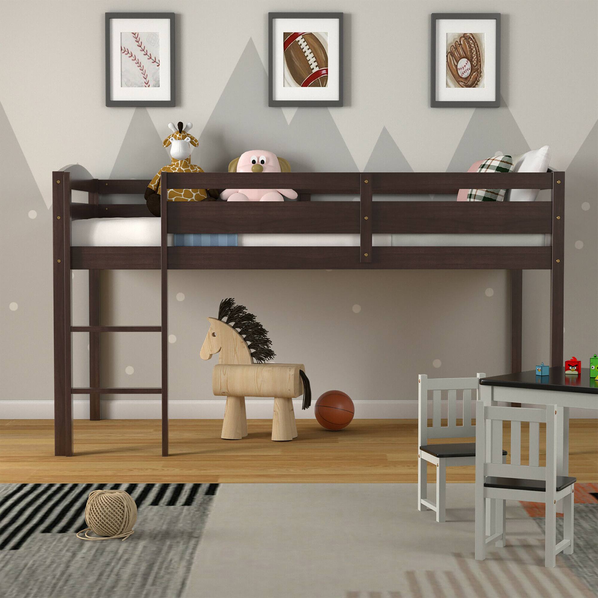 Alt View 1. Costway - Costway Twin Low Loft Bunk Junior Bed Bedroom Wooden Guard Rail Ladder - Espresso.